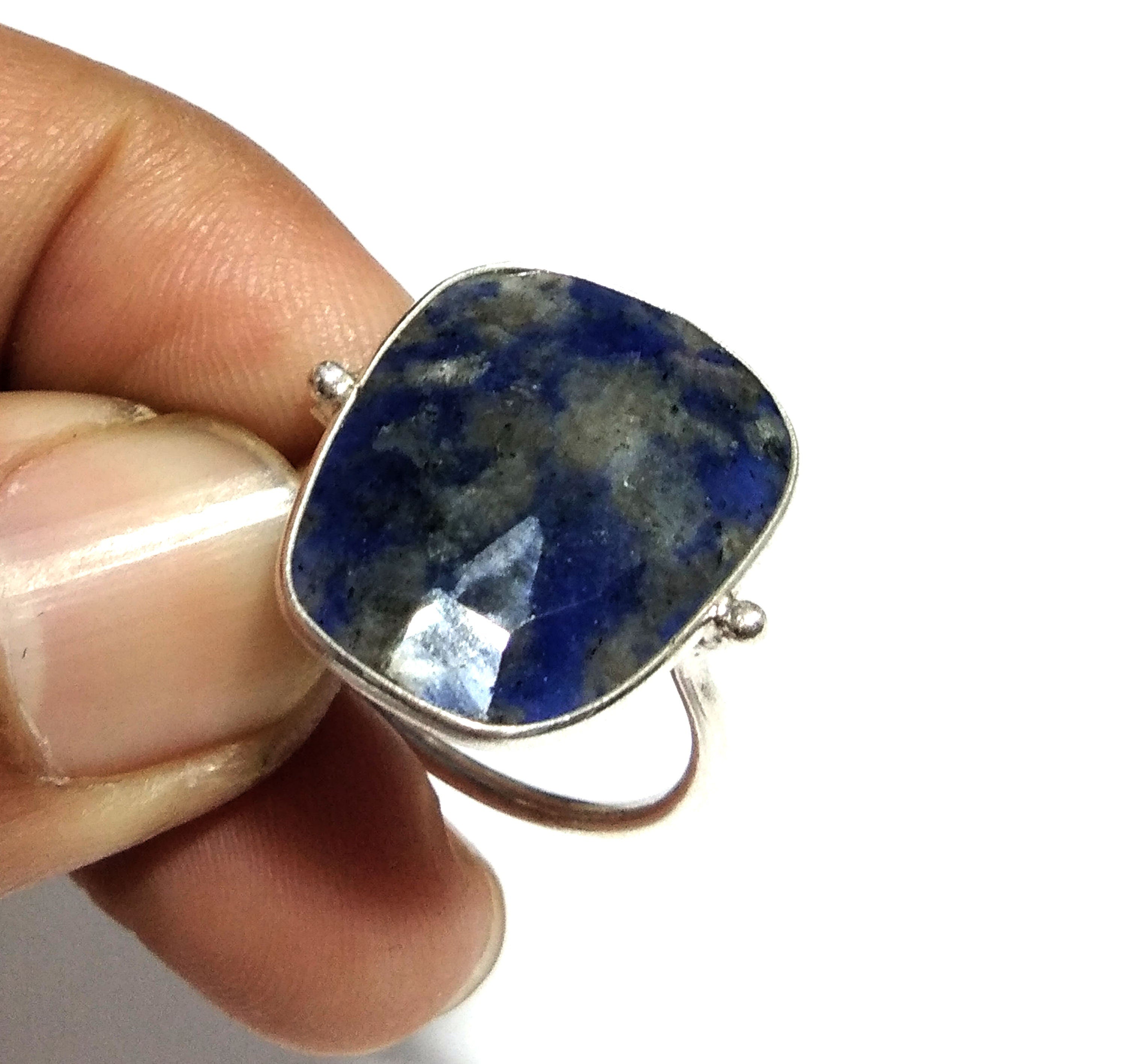 Blue Spot Jasper Checker Cut Stone Ring, 925 Solid Starling Silver Ring, Gemstone Size 16x21 mm Natural Blue Spot Jasper Stone Gift Ring