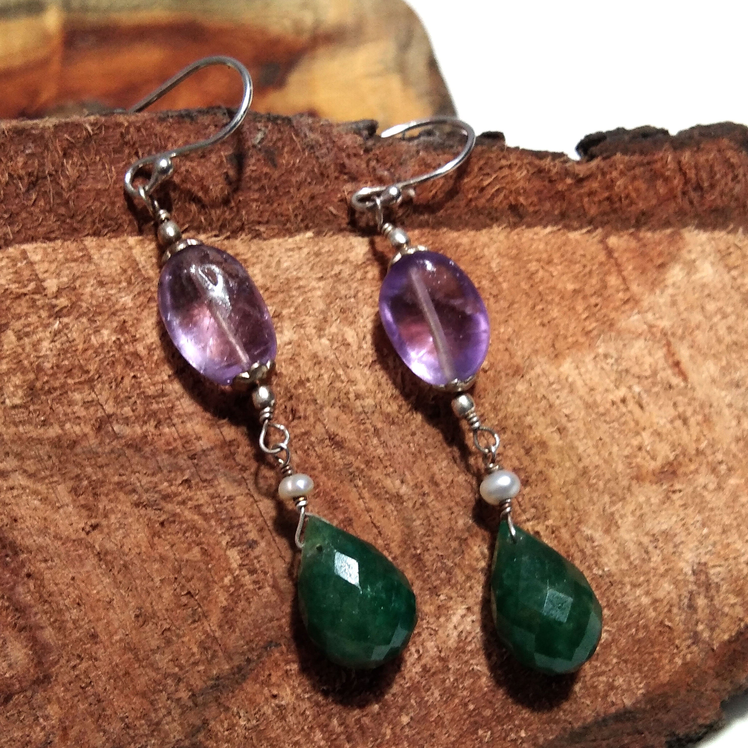 Natural Purple Amethyst/Green Jade Earring, 925 Solid Starling Silver Earring, Amethyst Stone Handmade Gift Women Christmas Earring