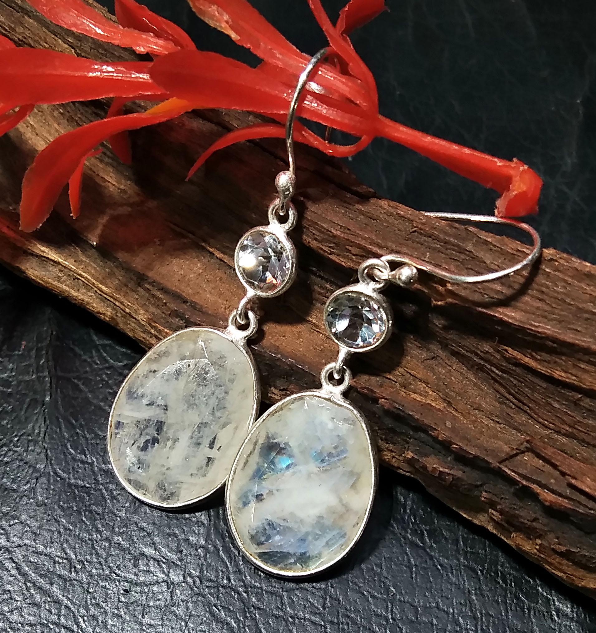 Natural Topaz And Rainbow Moonstone Faceted Earring, 925 Solid Starling Silver Earring, Handmade Moonstone Earring, For Girls/Women.