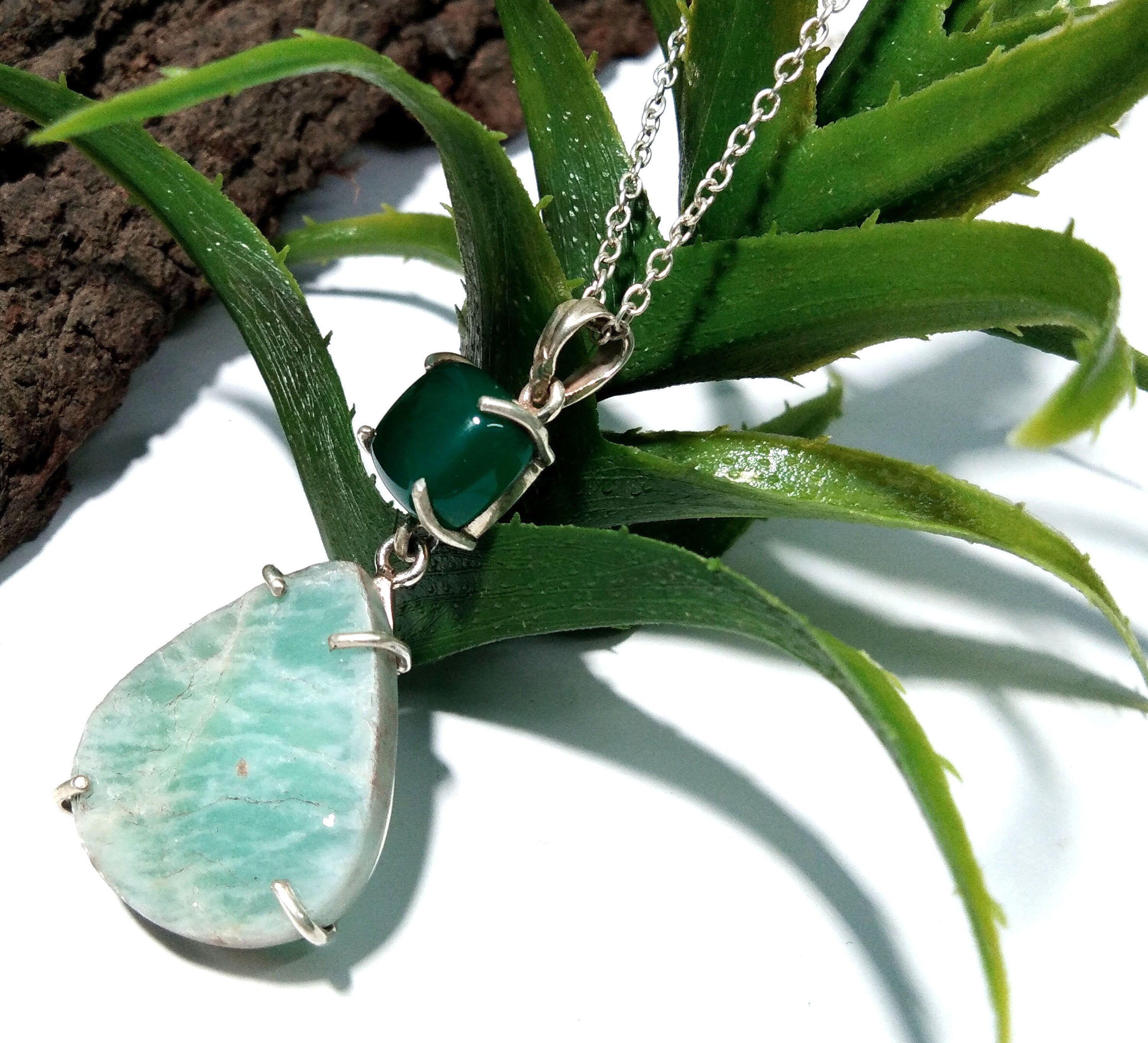 Natural Druzy Amazonite/Green Onyx Gemstone Chain Pendant Necklace, 925 Starling Silver Pendant Handmade Jewelry For Gift Wedding Pendant
