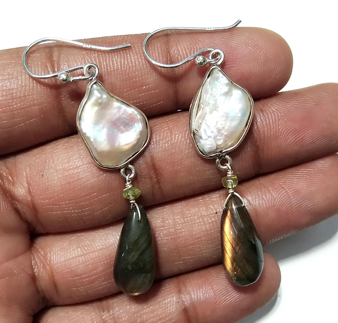 Natural Fresh Water Baroque Pearl/Labradorite Stone Drop Earring, 925 Solid Starling SilverJewelry Earring, Gemstone Gift Wedding Earring