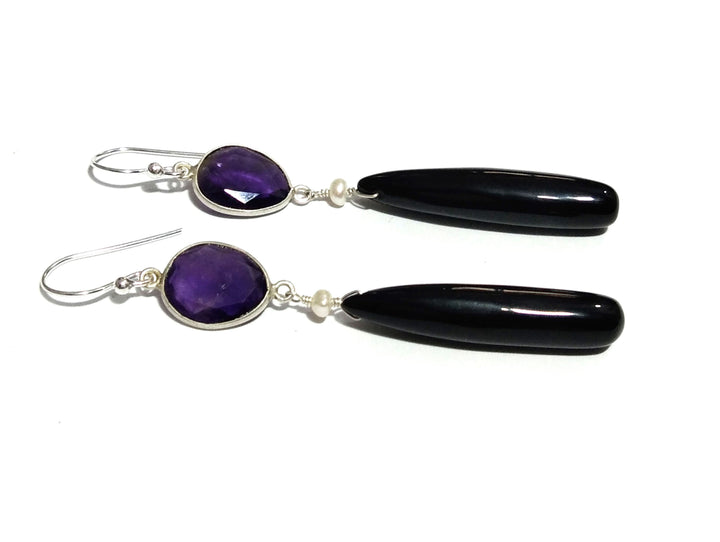 Natural Black Onyx, Amethyst Stone Earring, 925 Solid Starling Silver Earring, Onyx, Amethyst Size 35x7mm to 12x10mm Gift Christmas