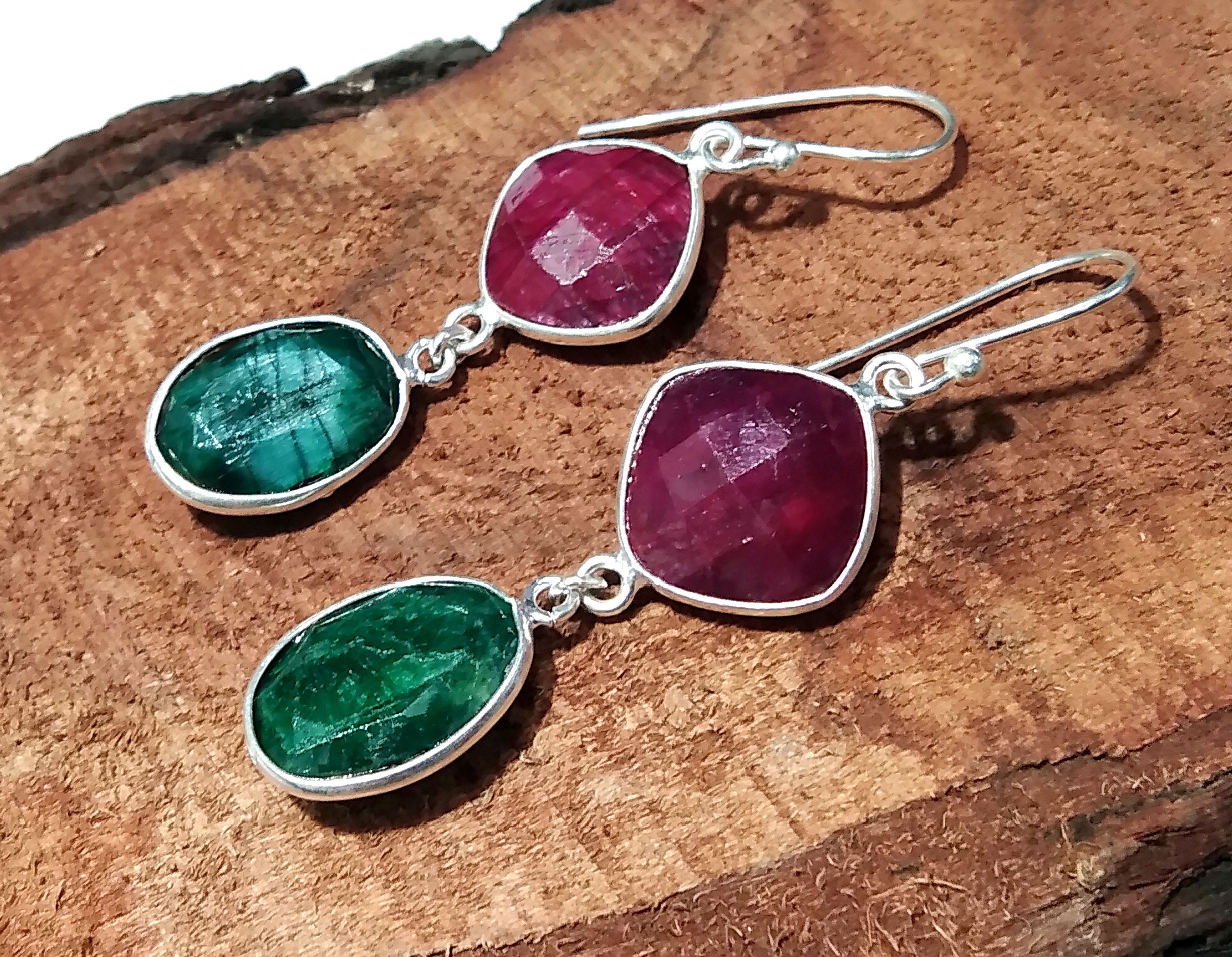 Natural Red Ruby/Emerald Stone Earring, 925 Solid Starling Silver Earring Gemstone, Gift Wedding Earring, Jewelry For Women's