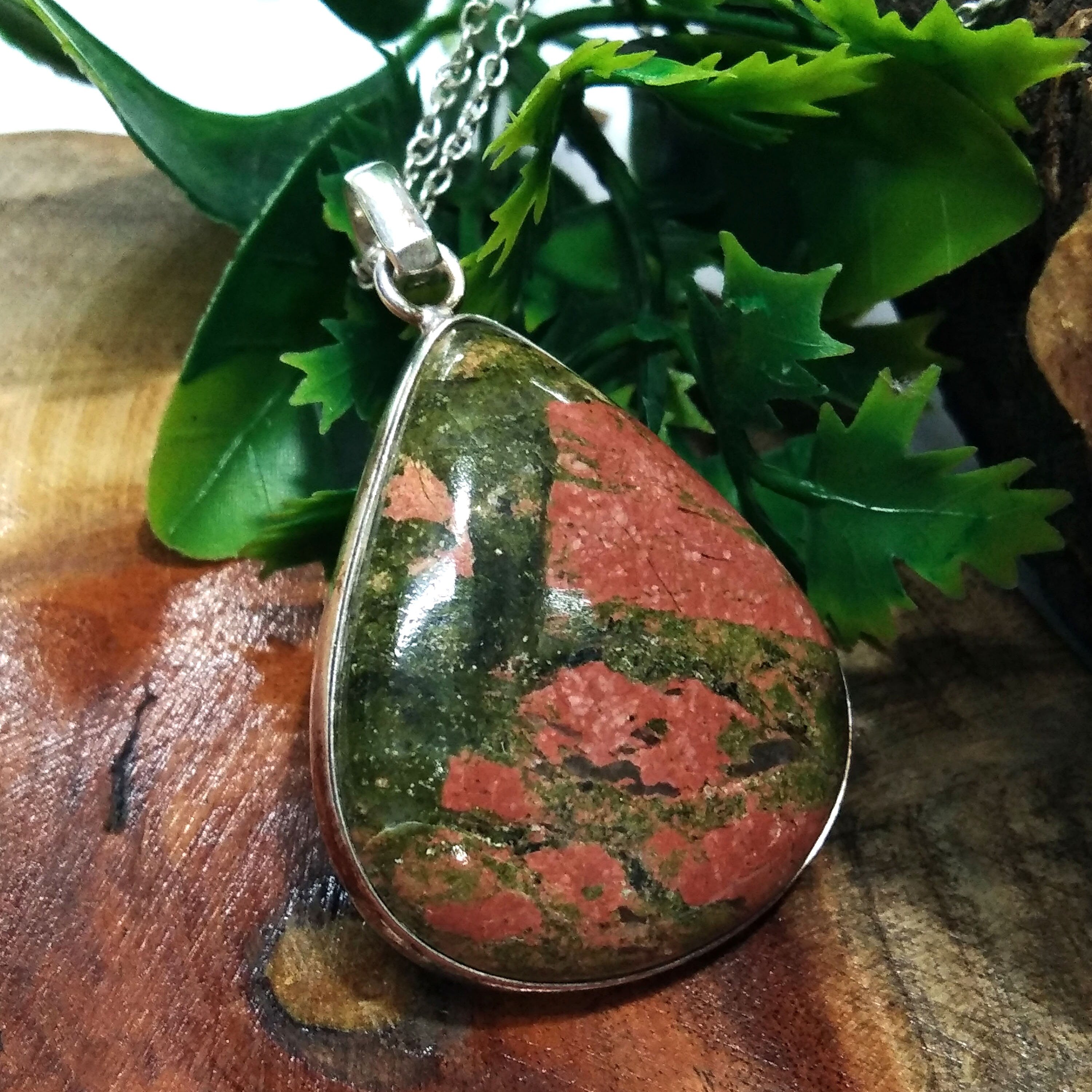 Natural Unakite Gemstone Pendant Chain Necklace, 925 Starling Silver Pendant Necklace, Handmade Jewelry Stone Size 36x31 mm Gift Pendant