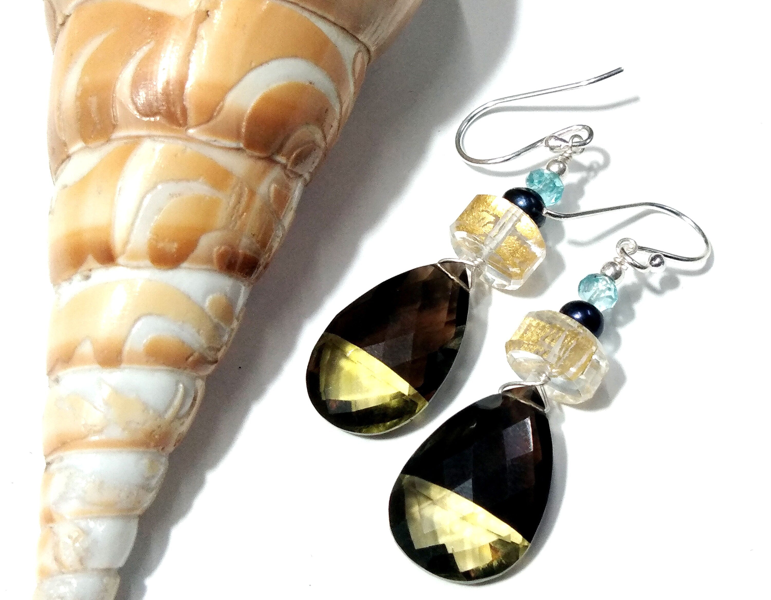 Natural Doublet Gemstone Lemon & Smoky Quartz Multi Stone Earrings, With 925 Starling Silver Jewelry Earrings, For Gifts Girls/Women