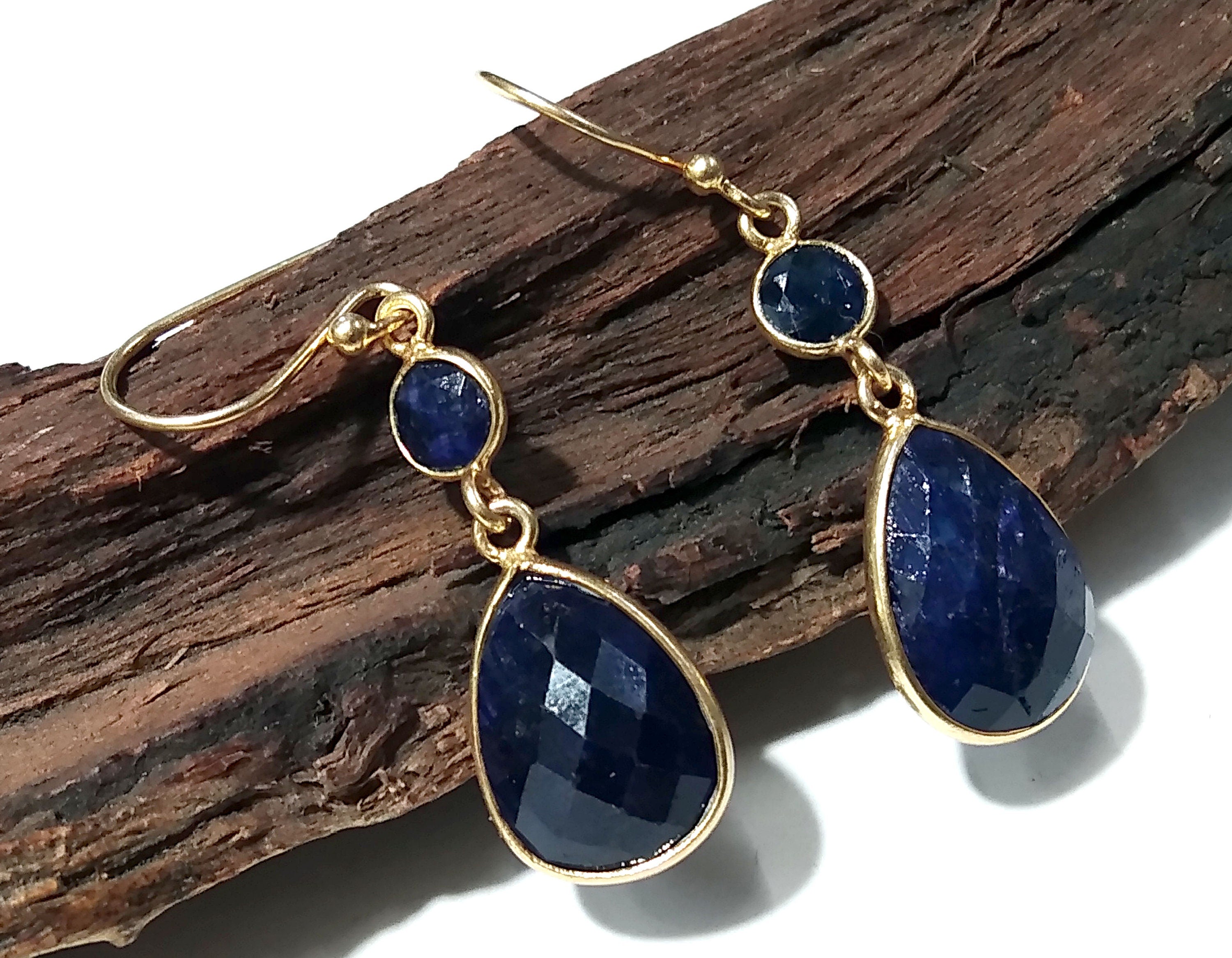 Natural Blue Sapphire Stone Earring, 925 Solid Starling Silver With Gold Plated Earring, Sapphire Stone Size 13x10 mm Gift Birthday Earring