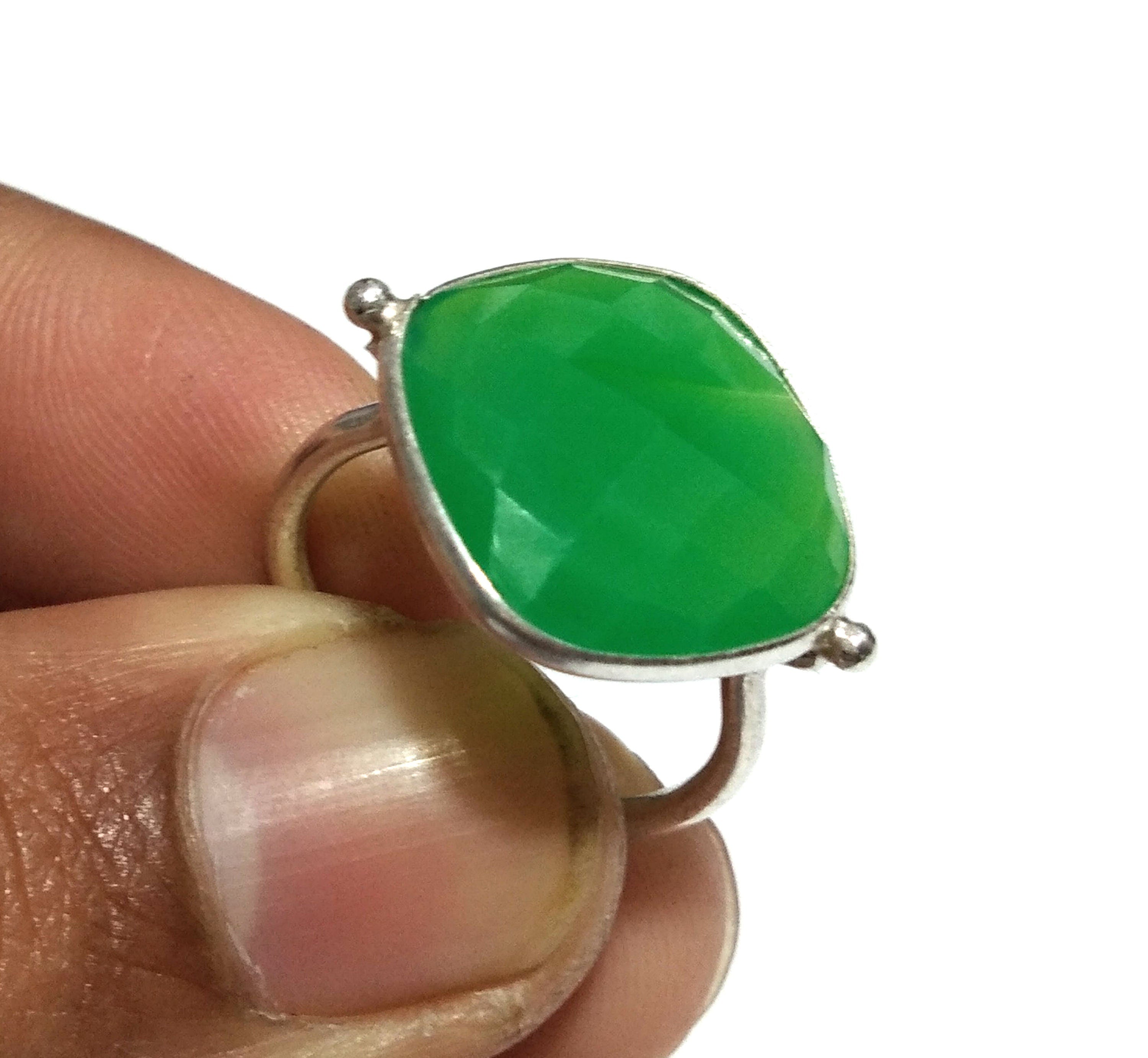 Chrysoprase Checker Cut Stone Ring, 925 Starling Silver Ring, Gemstone Size 16x16mm Natural Green Chrysoprase Stone Gift Engagement Ring