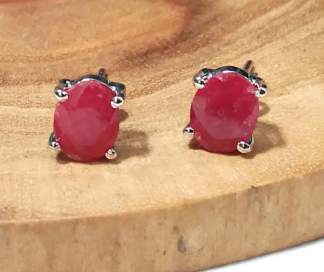 Natural Red Ruby Stud Earrings, 925 Starling Silver Earring Jewelry, Red Ruby Gemstone Oval Shape Stone Size 8x6mm Birthday Gift For Her