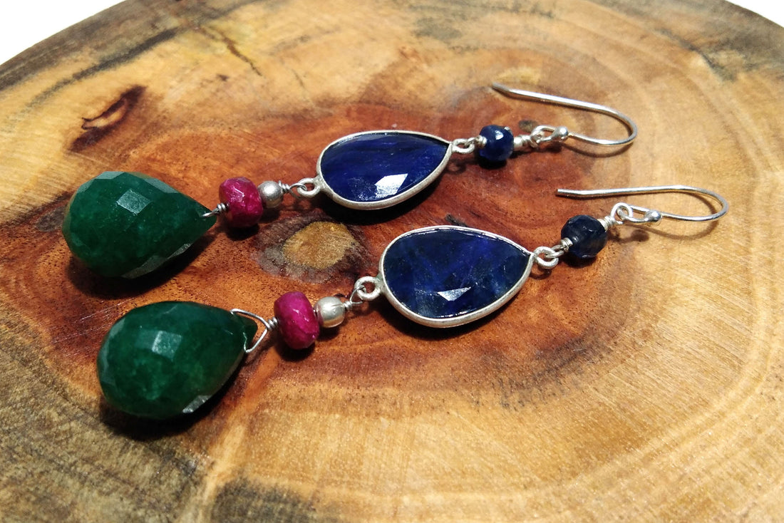Natural Blue Sapphire, Green Jade Earring, 925 Solid Starling Silver Earring, Blue Sapphire Stone Handmade Gift Women Christmas Earring