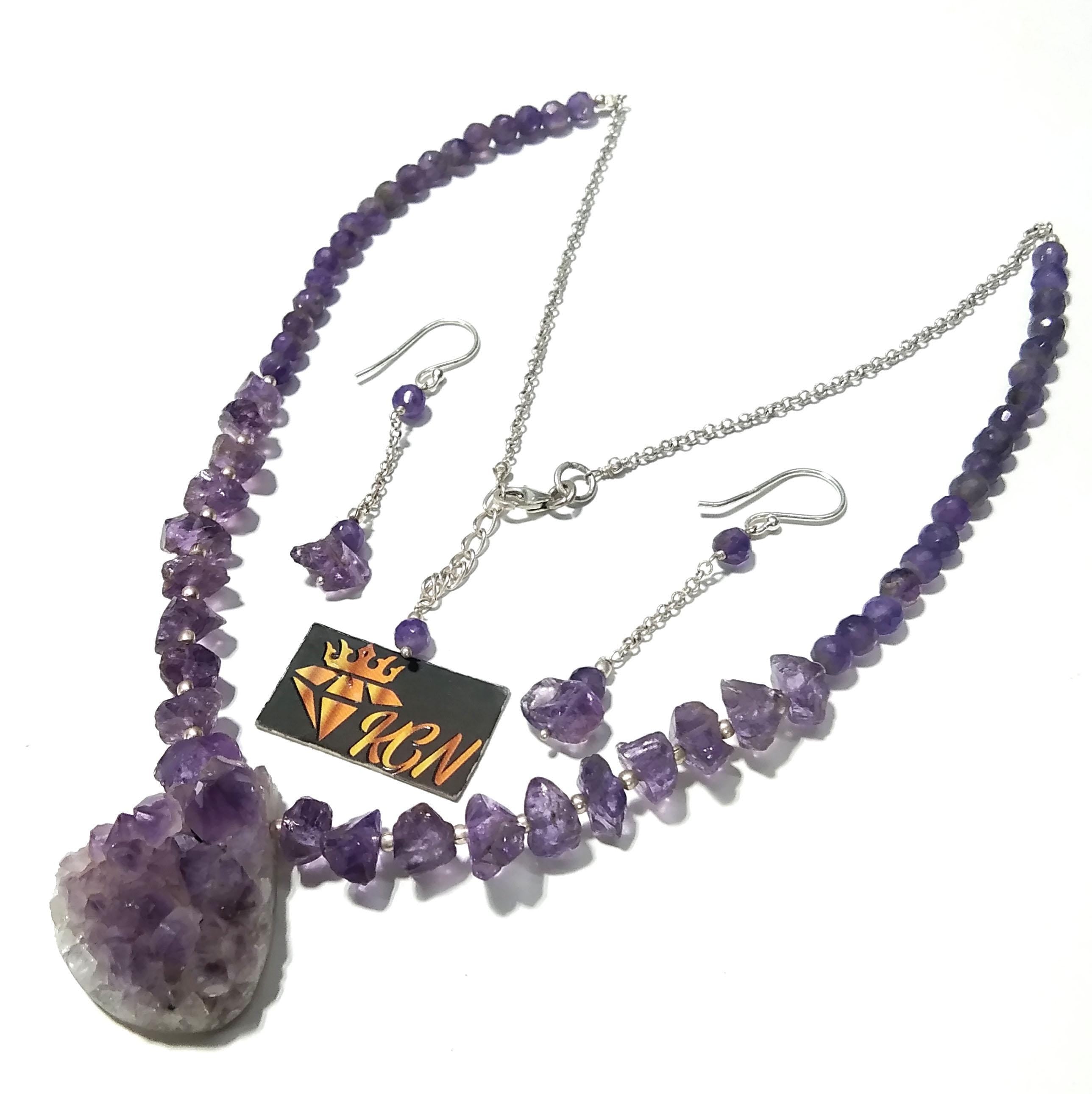 Amethyst Druzy Stone Rough Beads Necklace & Earrings Jewelry Set, 925 Sterling Silver Necklace Beaded Necklace Statement Jewelry
