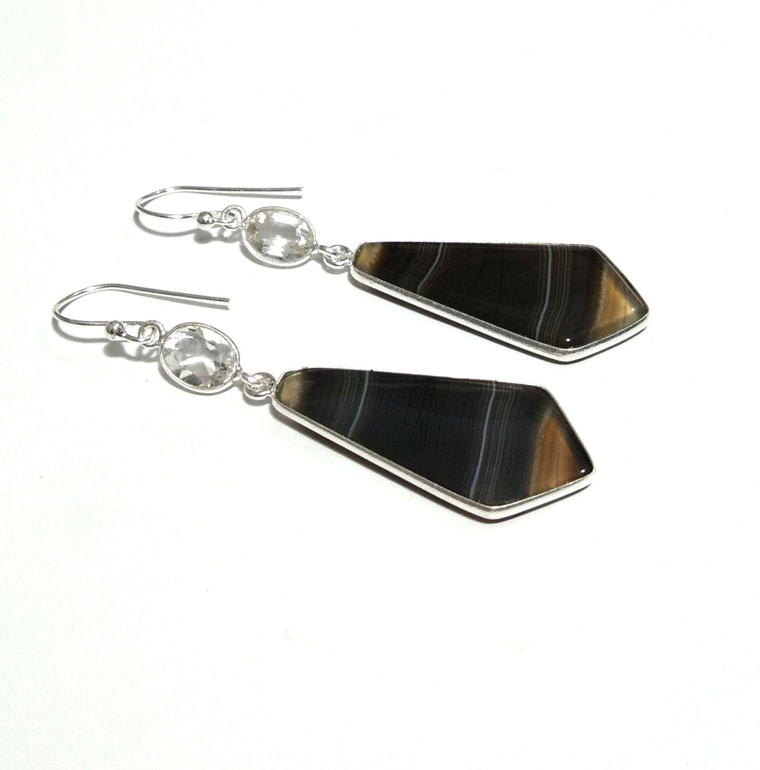 Natural Black Blue Banded Agate/Zircon Gemstone Earring, 925 Solid Starling Silver Earring, Stone Size 33x16mm Gift Birthday Earring Jewelry