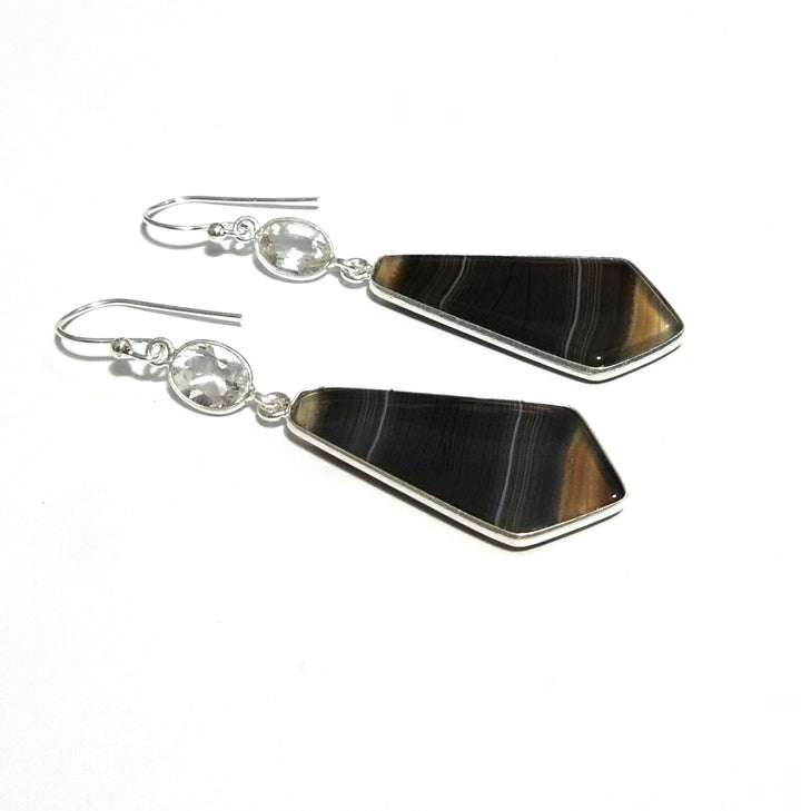 Natural Black Blue Banded Agate/Zircon Gemstone Earring, 925 Solid Starling Silver Earring, Stone Size 33x16mm Gift Birthday Earring Jewelry
