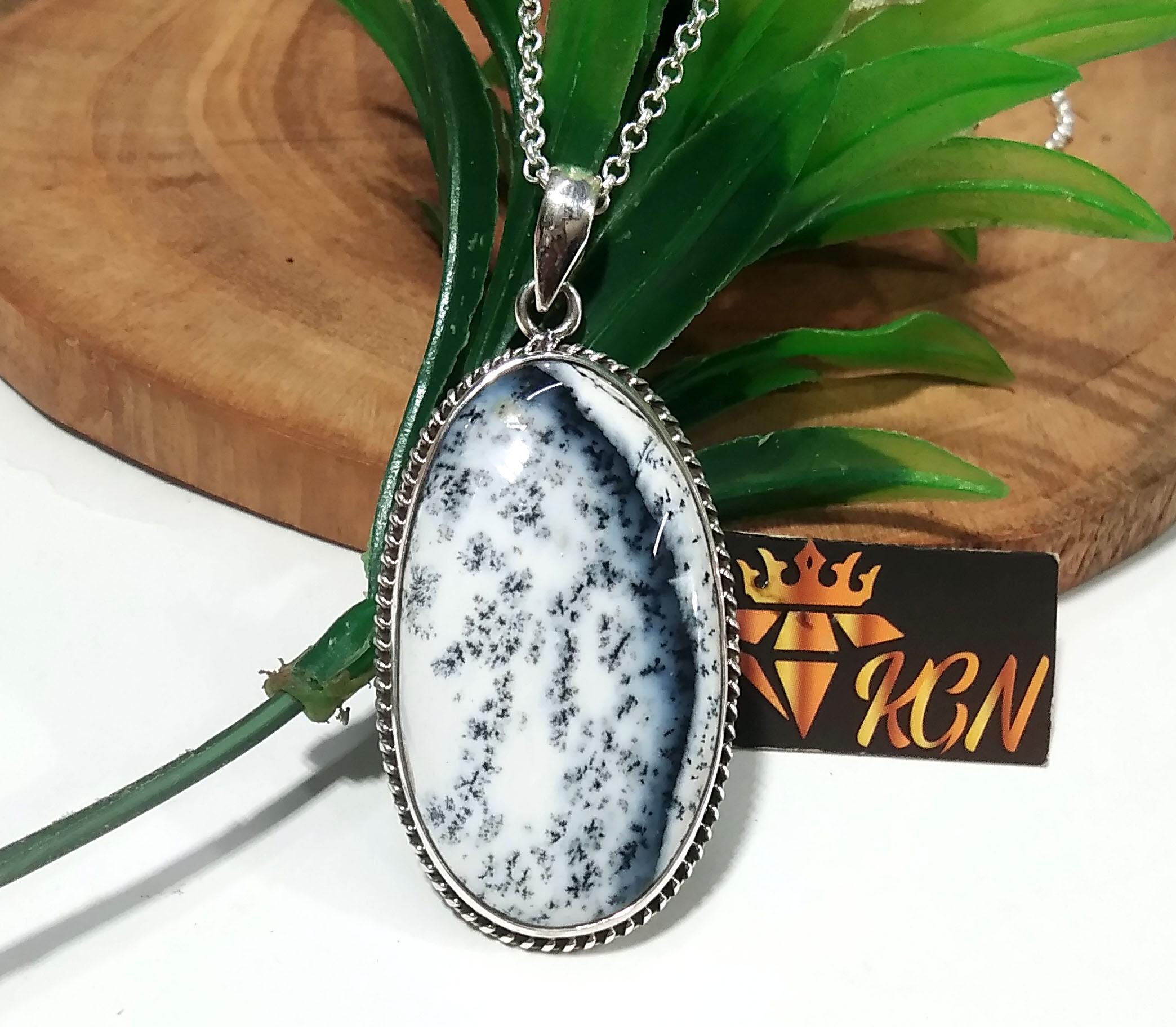 Amazing Design Dendrite Opal Gemstone Pendant Chain Necklace, Natural Dendrite Stone With 925 Sterling Silver Pendant, Gift Wedding Jewelry