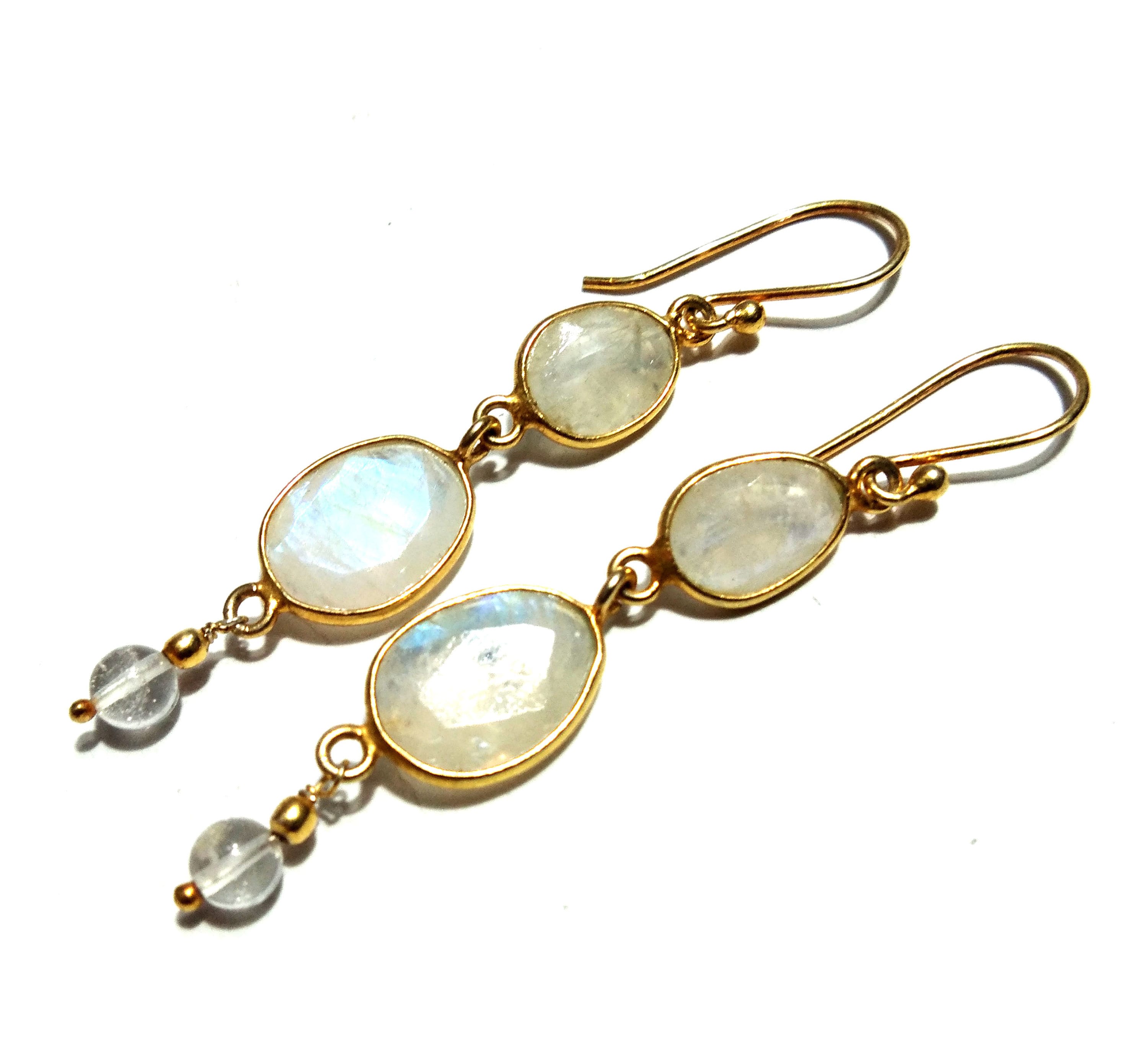 Rainbow Moonstone Earring ! 925 Starling Silver With Gold Plated Earring, Natural Gemstone Earring, Silver Bezel Handmade Earring For Gift.