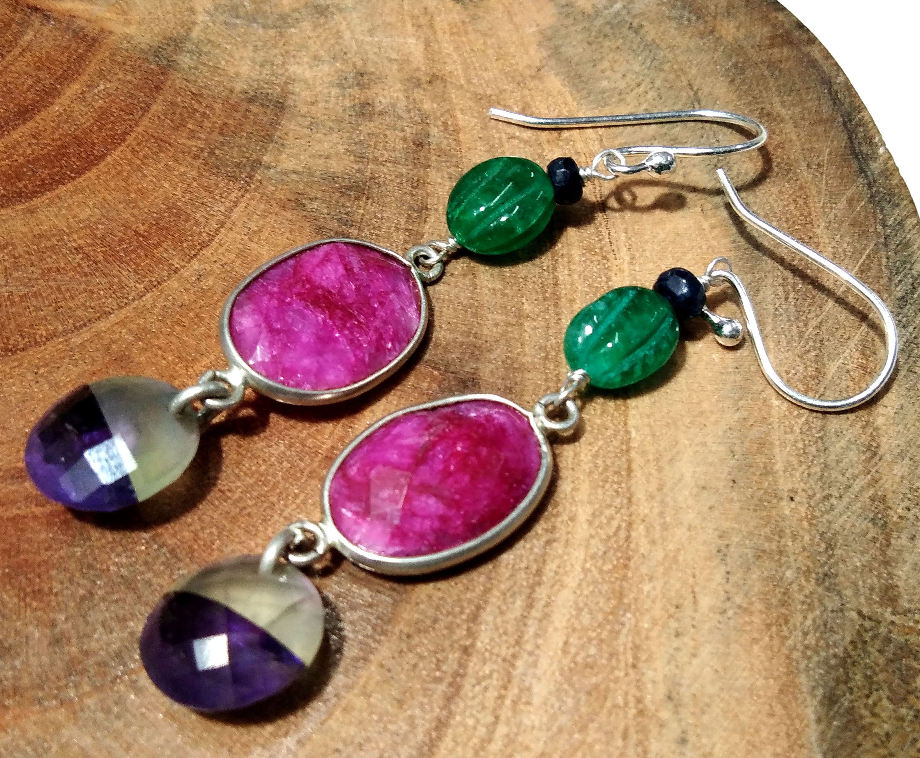 Natural Doublet Gemstone Amethyst & Ruby Multi Stone Earring, 925 Sterling Silver Earring Jewelry, For Girls/Women, Gift Earring
