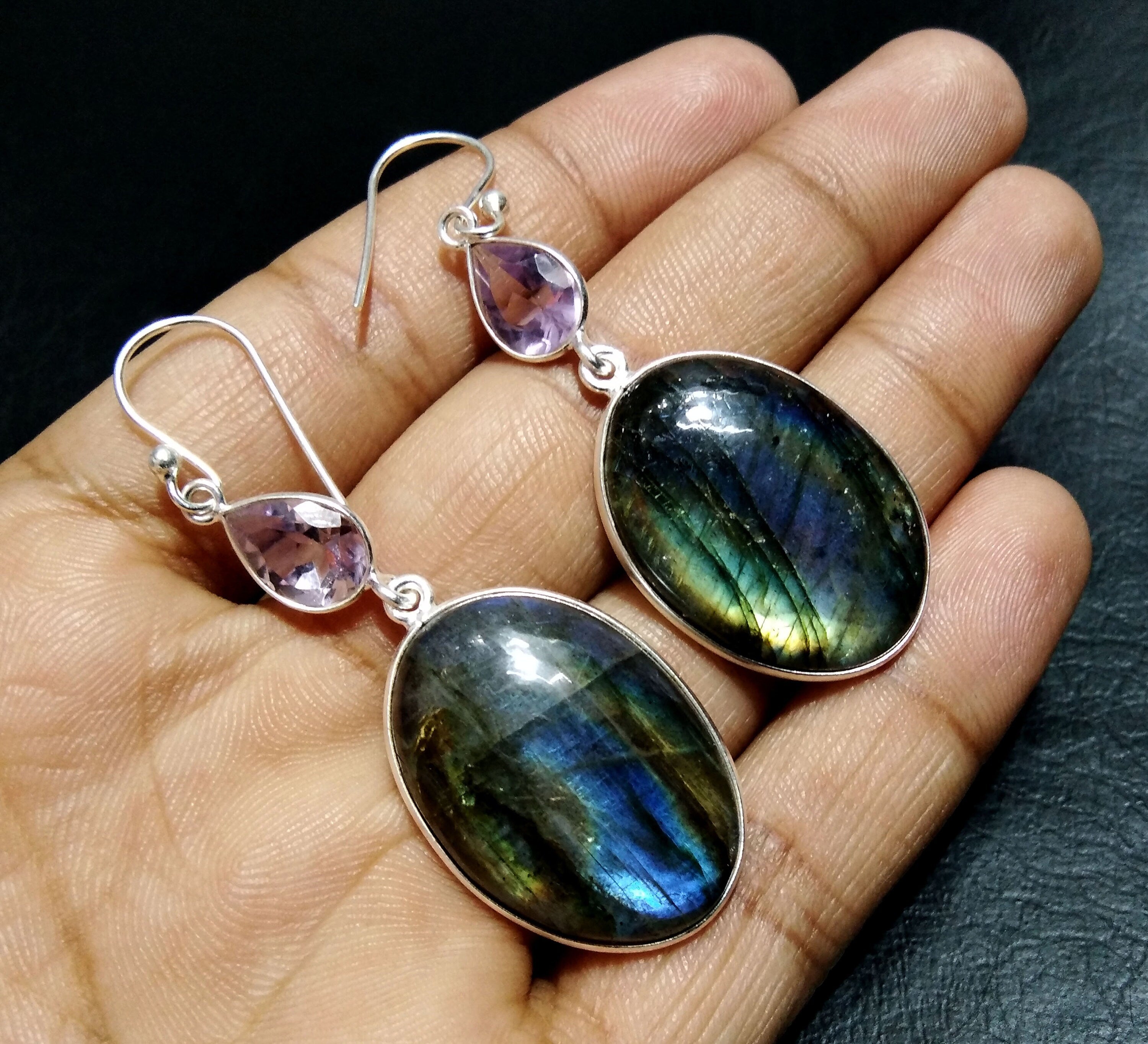 Labradorite And Amethyst Gemstone Earring, 925 Starling Silver Earring, Natural Labradorite Stone Gift Dangle Drop Earring, Gift For Her