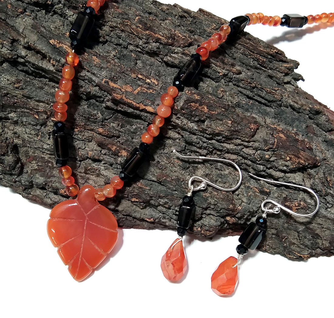 Natural Caroline /Black Onyx Beads Necklace Earring Jewelry Set, 925 Solid Sterling Silver Necklace Earring, Jewelry Gift For Girls & Women