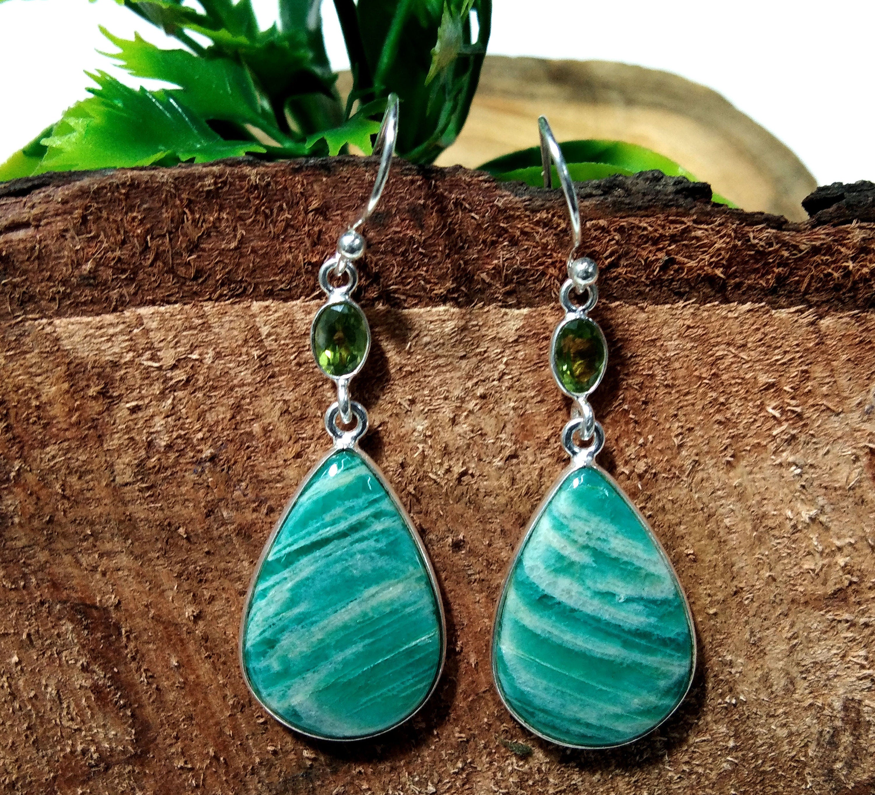 Natural Amazonite/Peridot Earring, Teardrop Amazonite Earring, 925 Silver In Gemstone Earring, Handmade Jewelry, Birthday Gift, Mother Gift