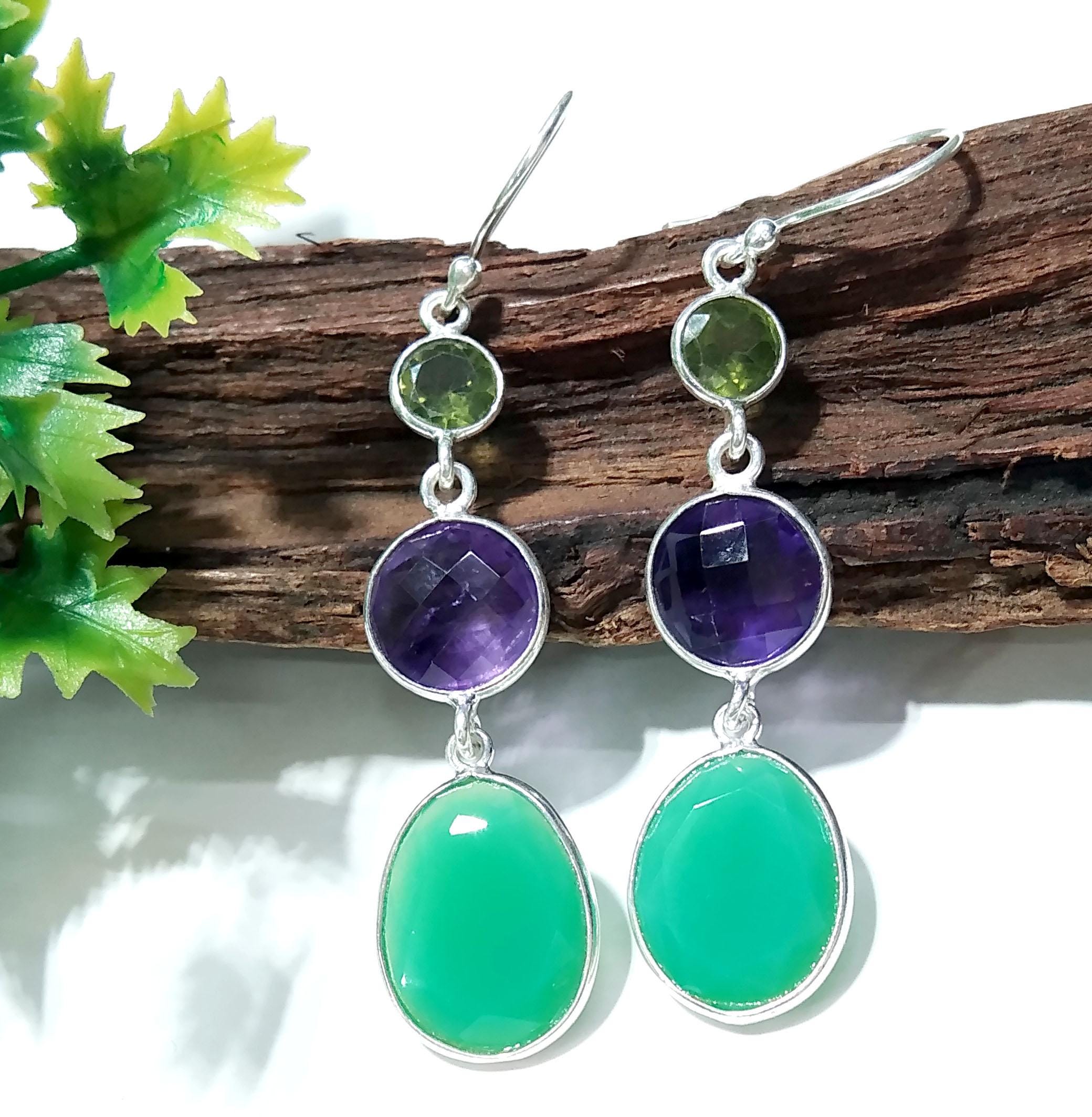 Natural Chrysoprase/Peridot/Amethyst Gemstone Earring, 925 Starling Silver Earring, Chrysoprase/Amethyst Gemstone Earring, For Girls/Women.
