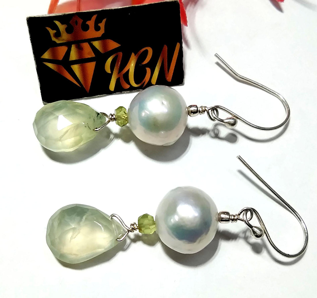 Natural Prehnite/Baroque Pearl Stone Earring, 925 Starling Silver Earring, Prehnite Stone Handmade Earring, Gift Women Bridesmaid Earring