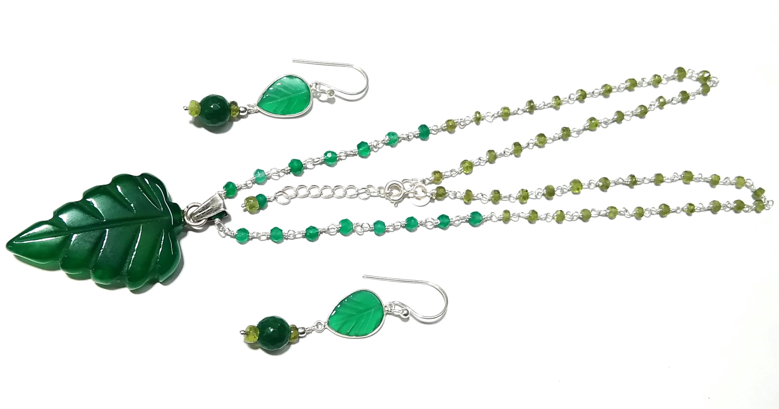 Natural Green Onyx Carving Gemstone Beads Necklace Earring Jewelry Set, 925 Sterling Silver Necklace Beaded Necklace Statement For Jewelry