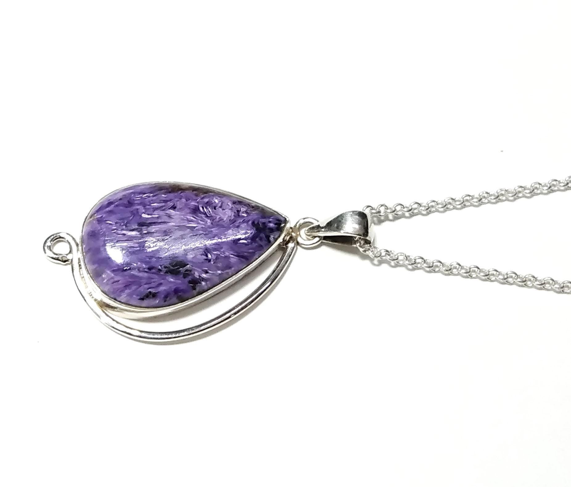 Purple Charoite Pendant Necklace, 925 Starling Silver Pendant, Charoite Gemstone Pendant Necklace on Chain, Handmade Healing Crystal Pendant