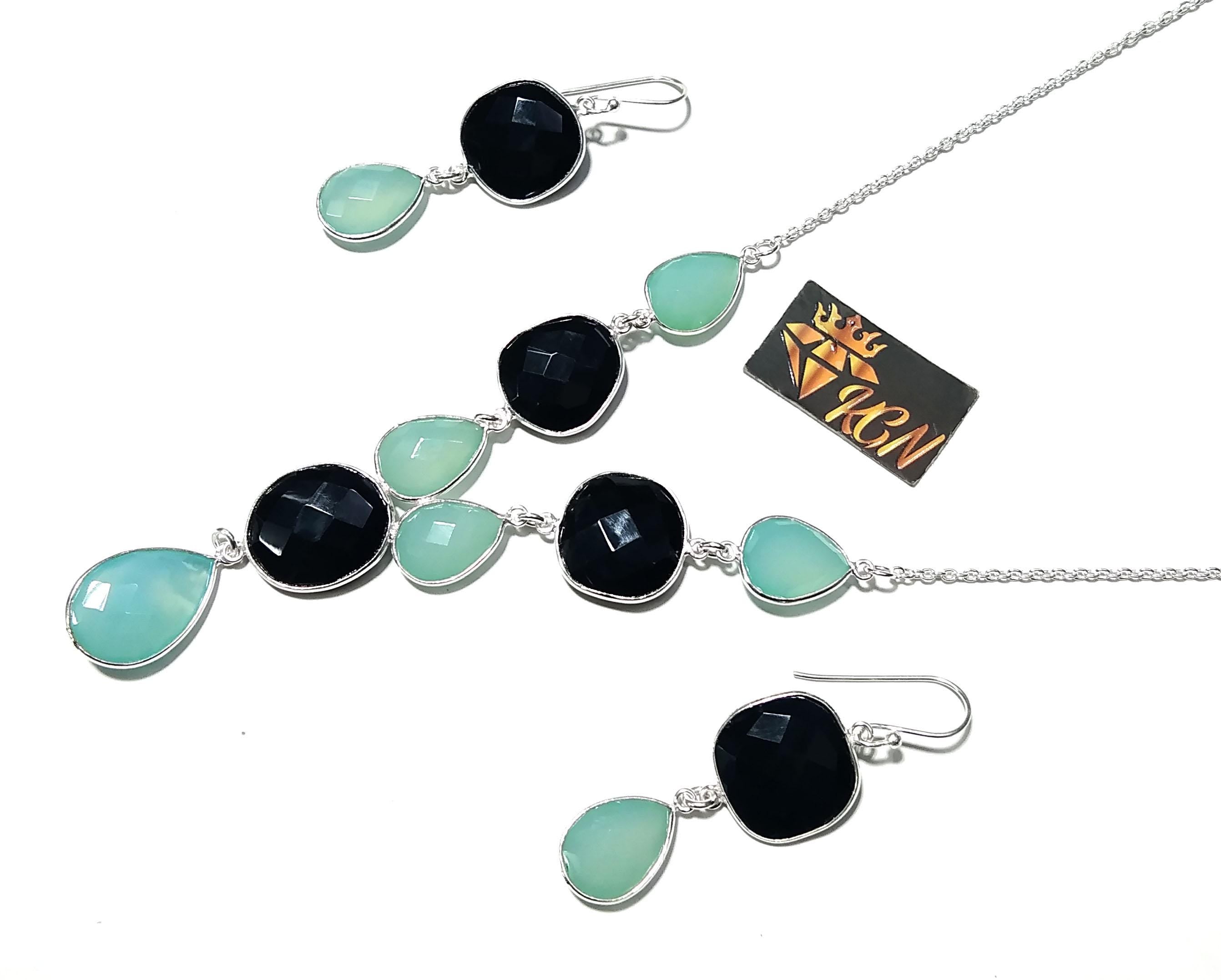 Natural Black Onyx & Chalcedony Stone Drop Earring And Necklace Jewelry Set, 925 Solid Sterling Silver Necklace Earring Jewelry Gift For Her
