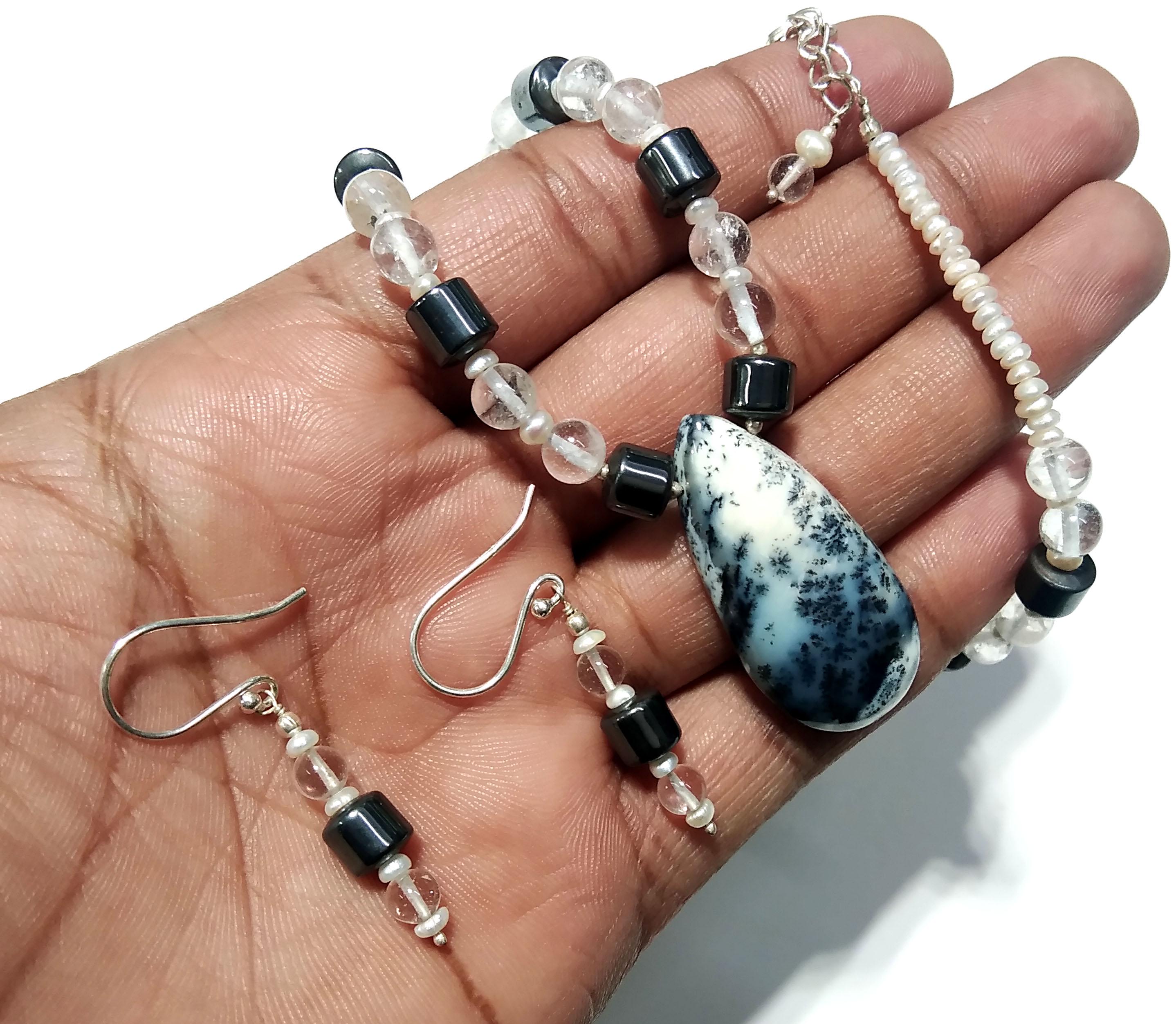 Natural Dendrite Opal/Crystal Gemstone Beads Necklace Set Jewelry, 925 Sterling Silver Necklace, Beaded Necklace Statement for Gift Jewelry