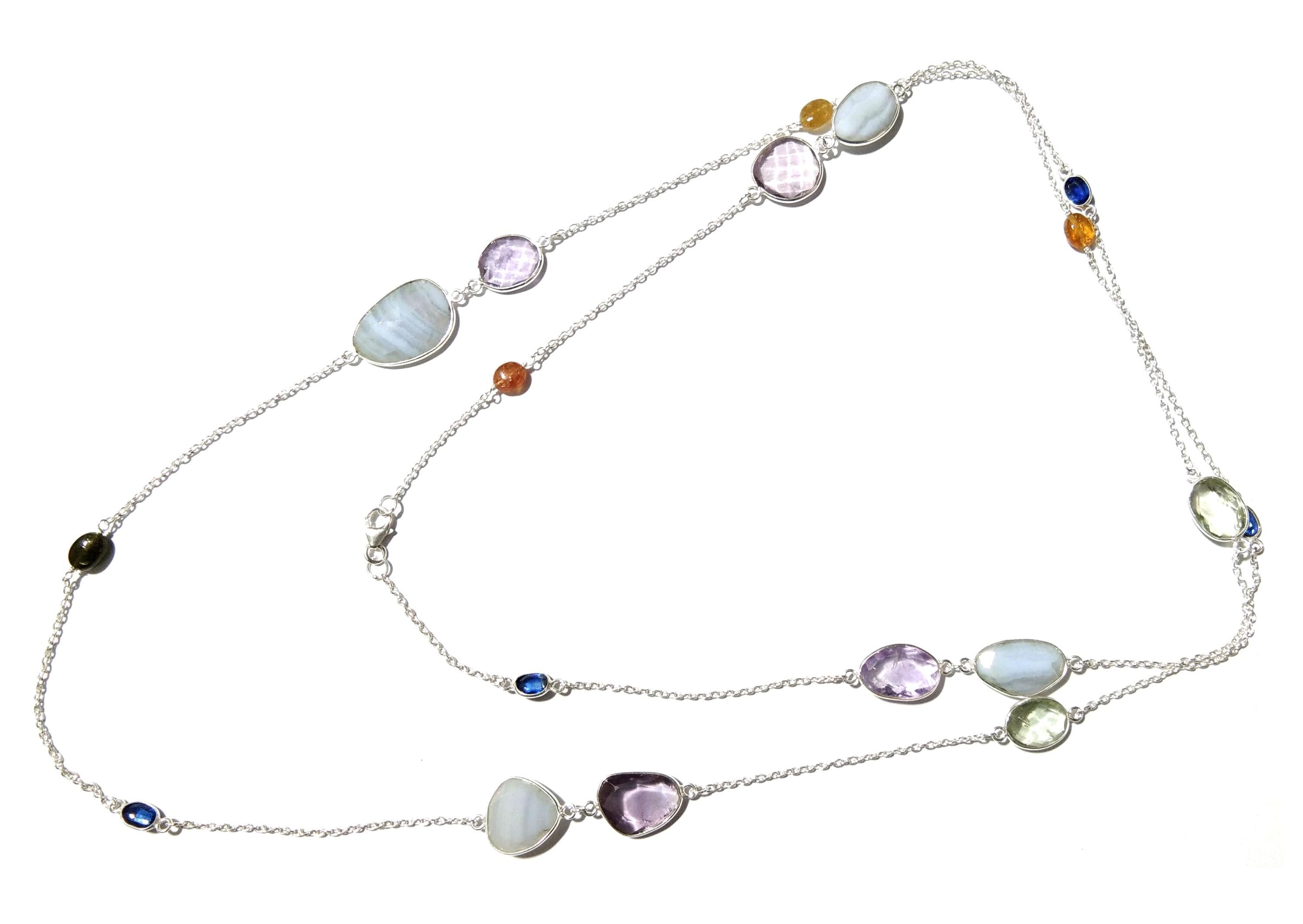 42'' Log Chain Bezel Necklace ! ALL Natural Gemstone Kyanite, Tourmaline, Amethyst & Blue Lace Necklace, 925 Solid Sterling Silver Jewelry.