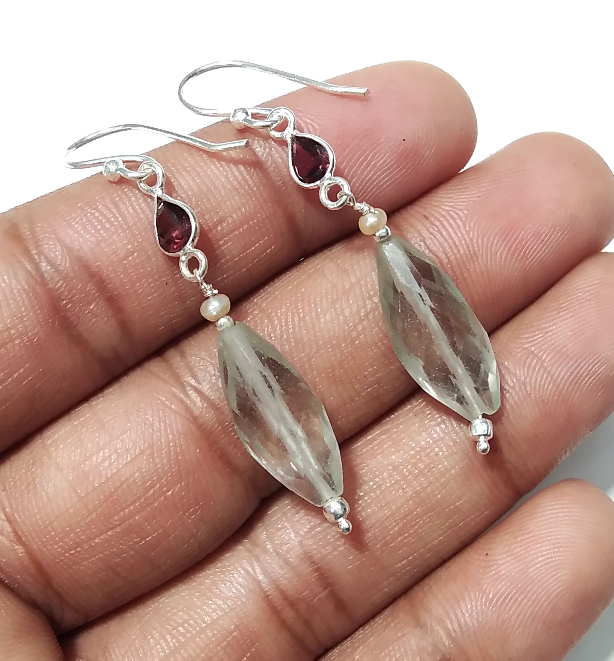 Natural Green Amethyst/Garnet Gemstone Drop Earring, 925 Solid Starling Silver Earring, Stone Size 19x7 mm Gift Birthday Earring Jewelry