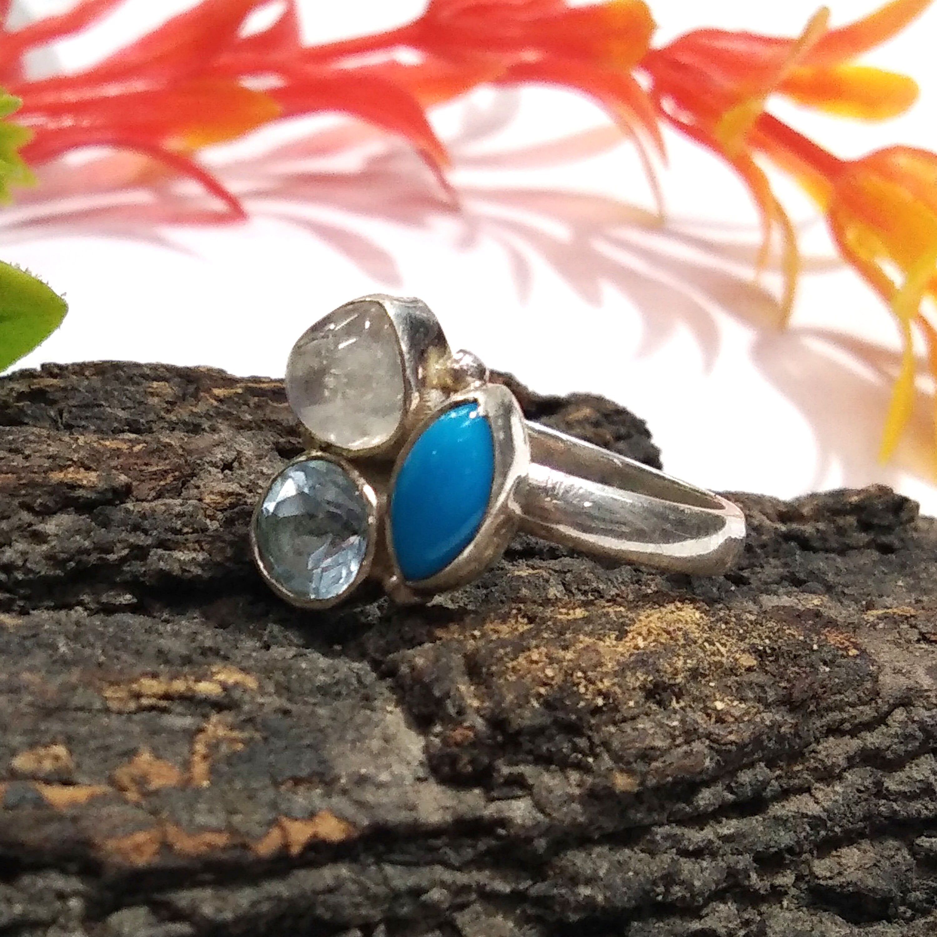 Natural Turquoise, Aquamarine, Moonstone Gemstone Ring, 925 Solid Starling Silver Ring, Stone Size Mix Handmade Birthstone Ring Gift For Her