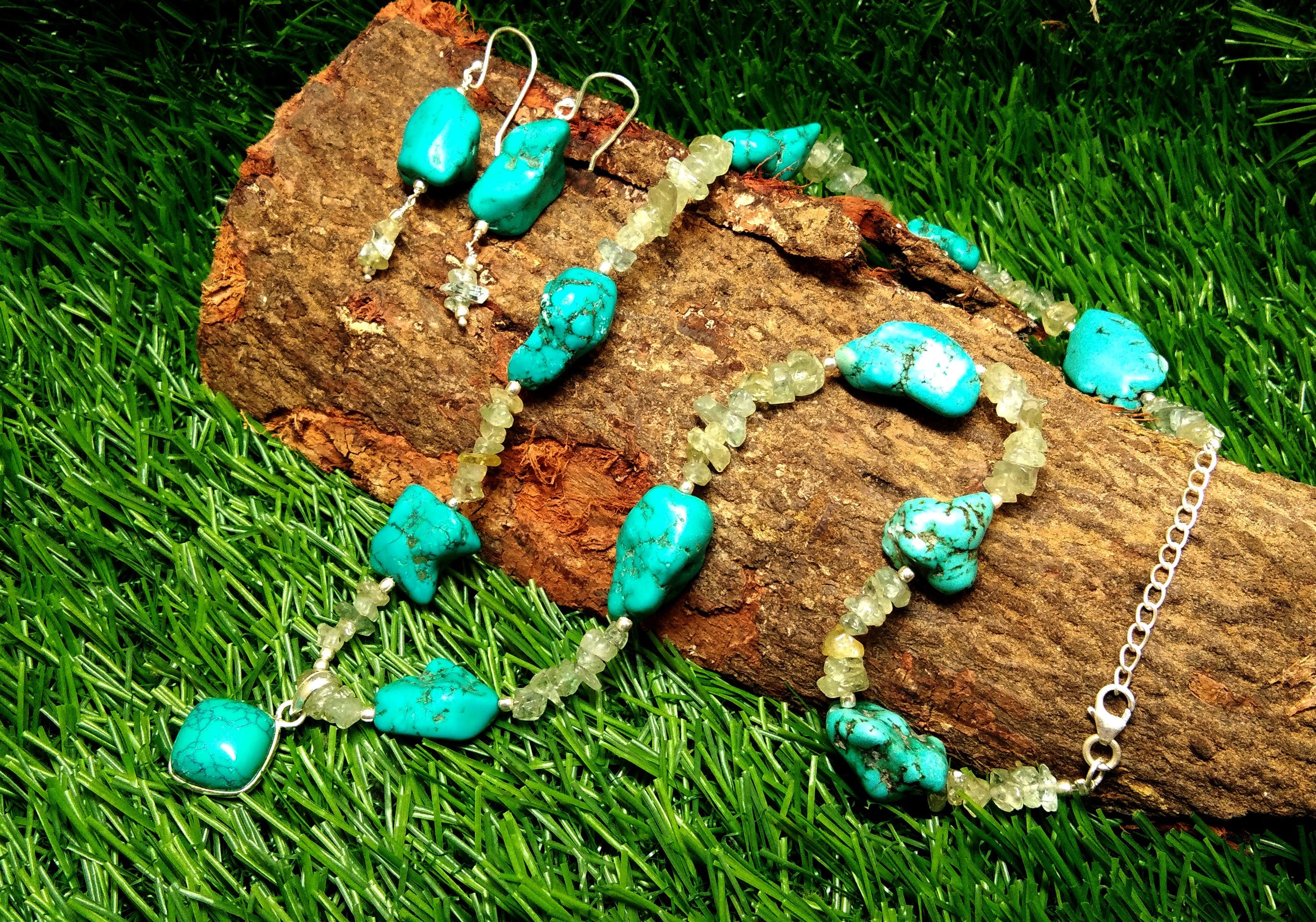 Long Natural Turquoise Rough Gemstone Necklace and Earring Aquamarine Rough Beads Necklace Set 925 Starling Silver Handmade Jewelry For Gift