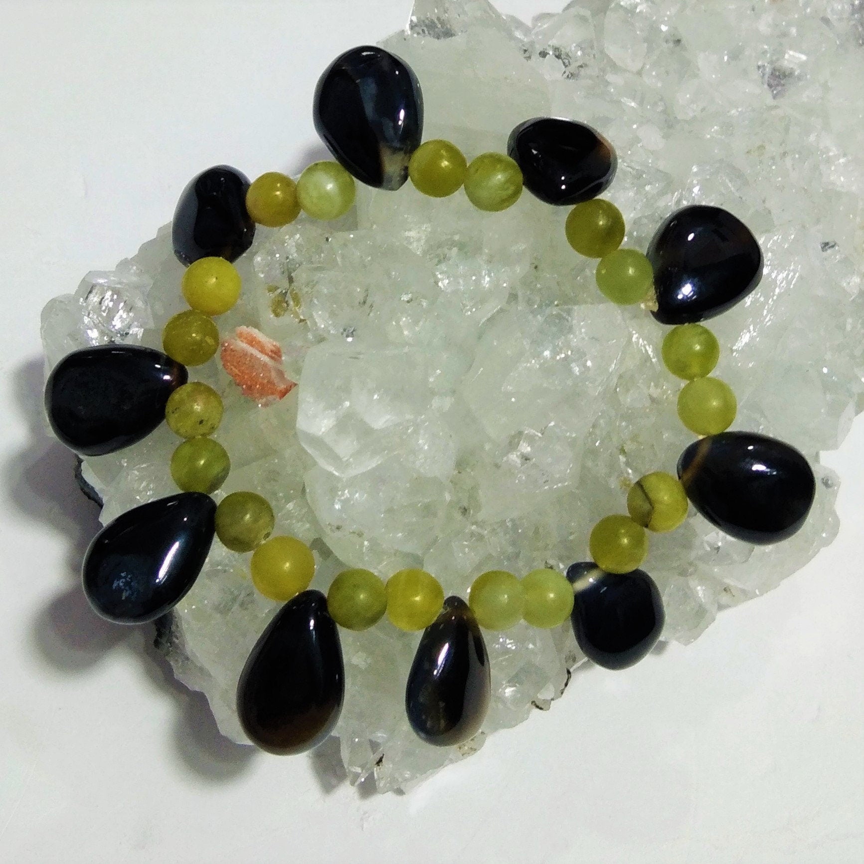 Black Banded Agate/Green Opal Bracelet Beads,Natural Opal Crystal Healing Unisex Stretch Bracelet Size 6x6mm to 16x12mm Stretchable Bracelet