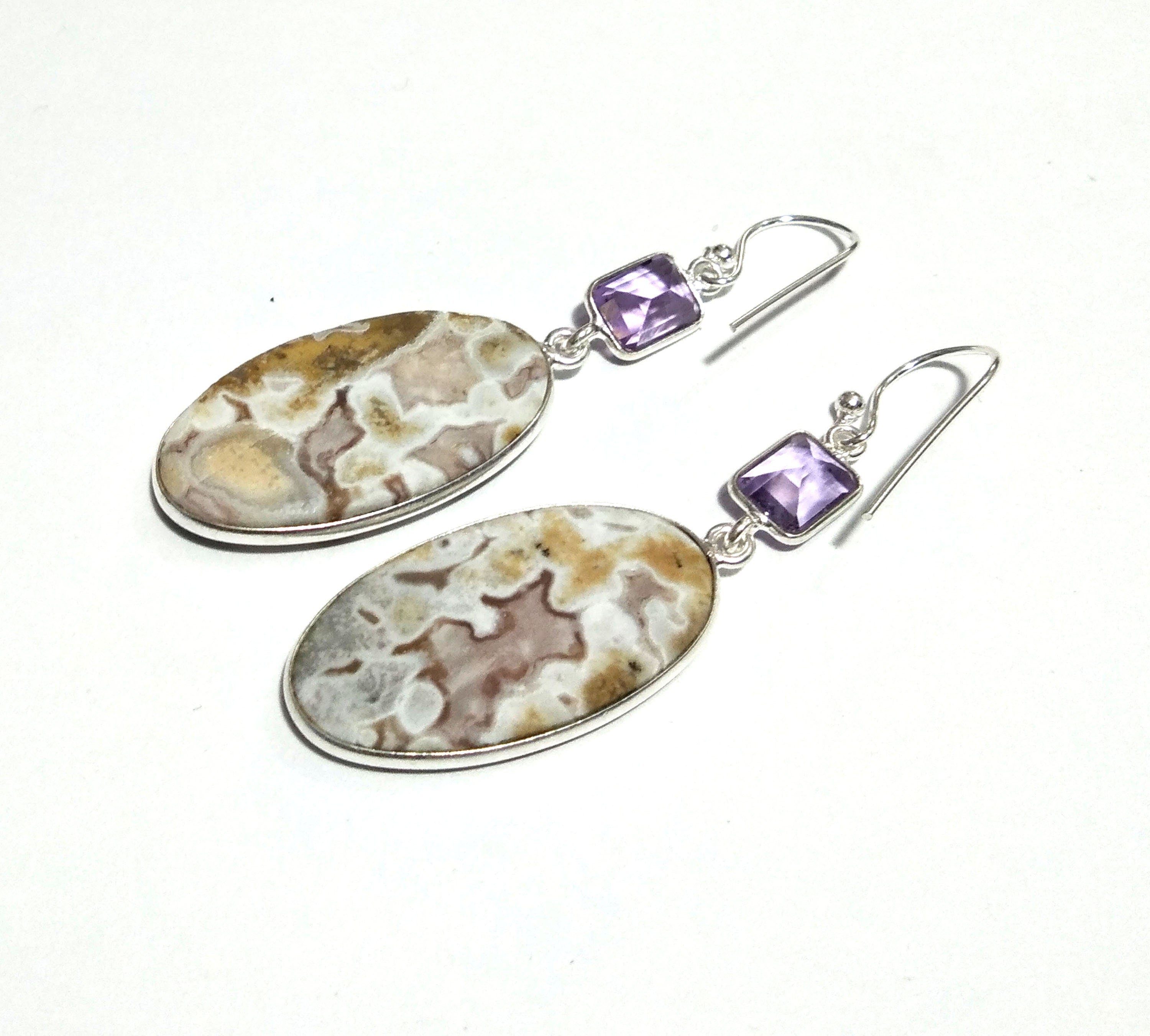 Natural Crazy Lace Agate/Amethyst Earring, 925 Solid Starling Silver Earring, Crazy Lace Agate/Amethyst Stone Size 30x16 mm Gift Earring