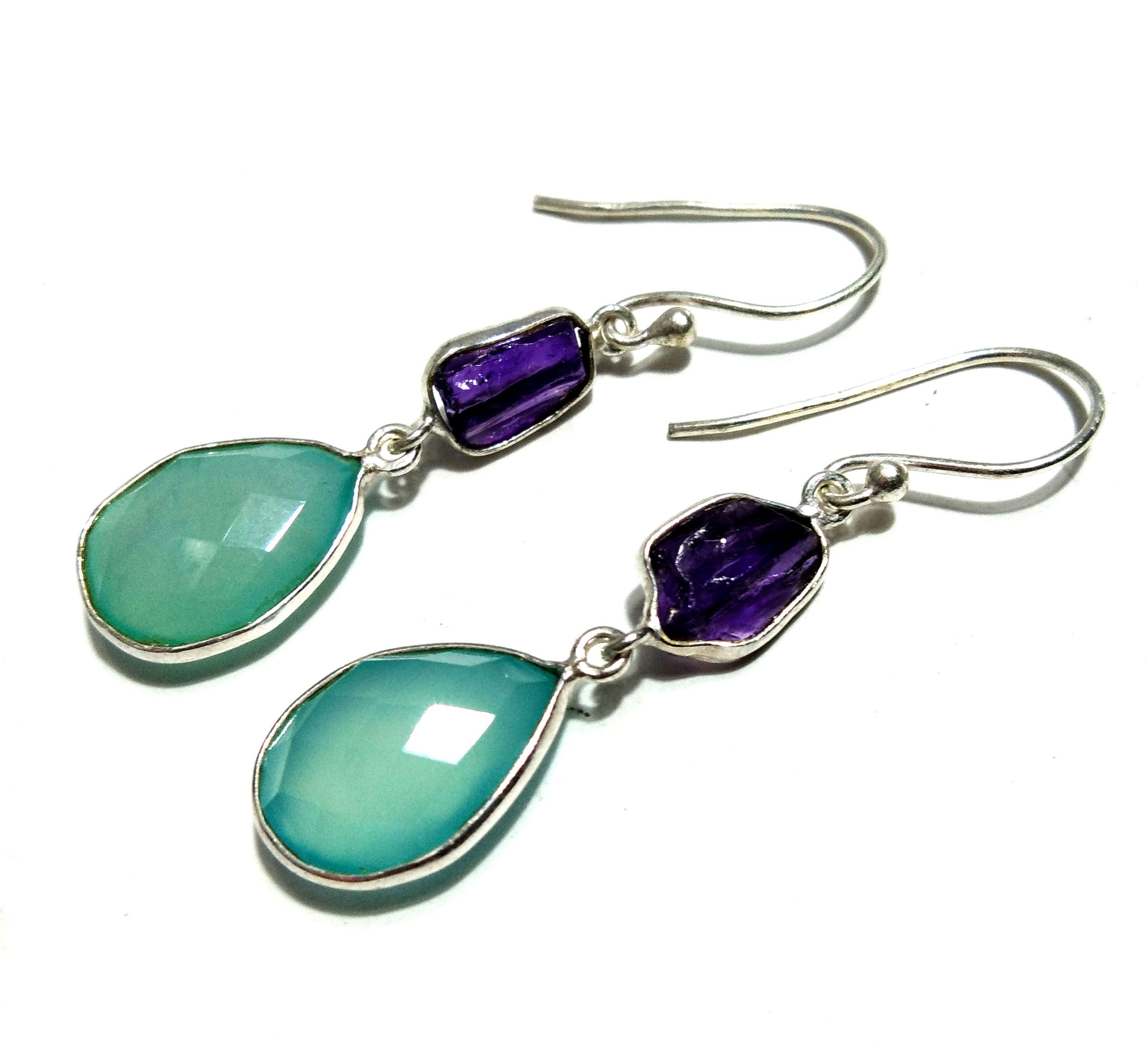Natural Aqua Chalcedony, Amethyst Raw Stone Earring, 925 Sterling Silver Earrings, Handmade Making Jewelry Earring, Gift For Girls & Women.