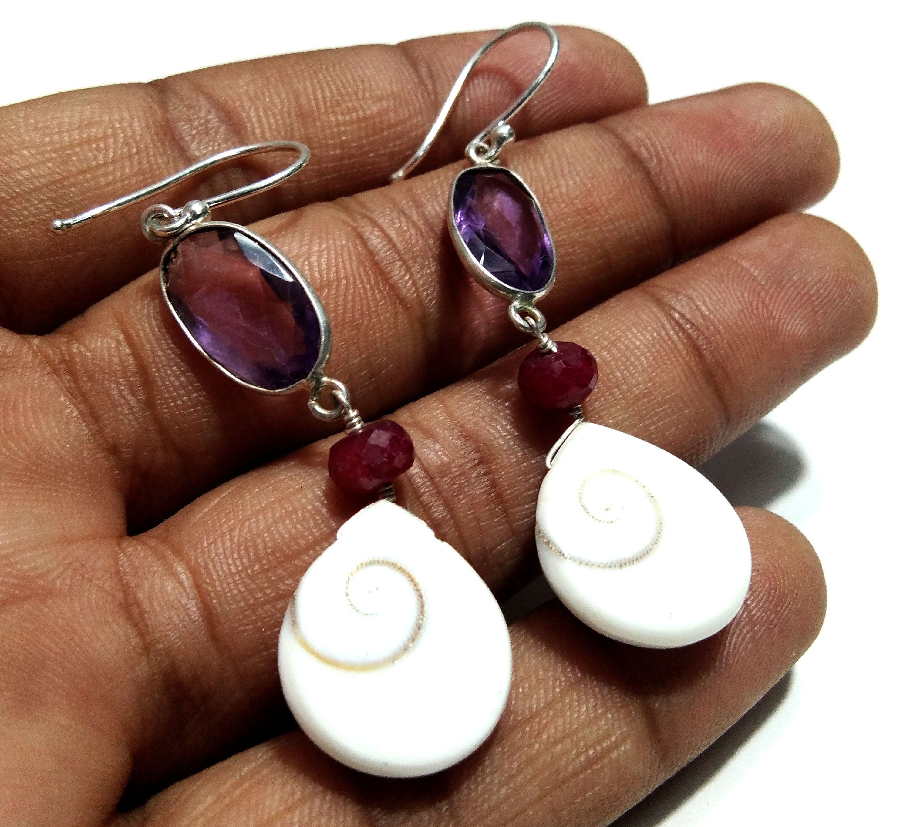 Natural Shiva Eye Shell/Amethyst Stone Earring, 925 Solid Starling Silver Earring, A+++ Shiva Eye Shell/Amethyst Stone Size 17x14 mm Earring