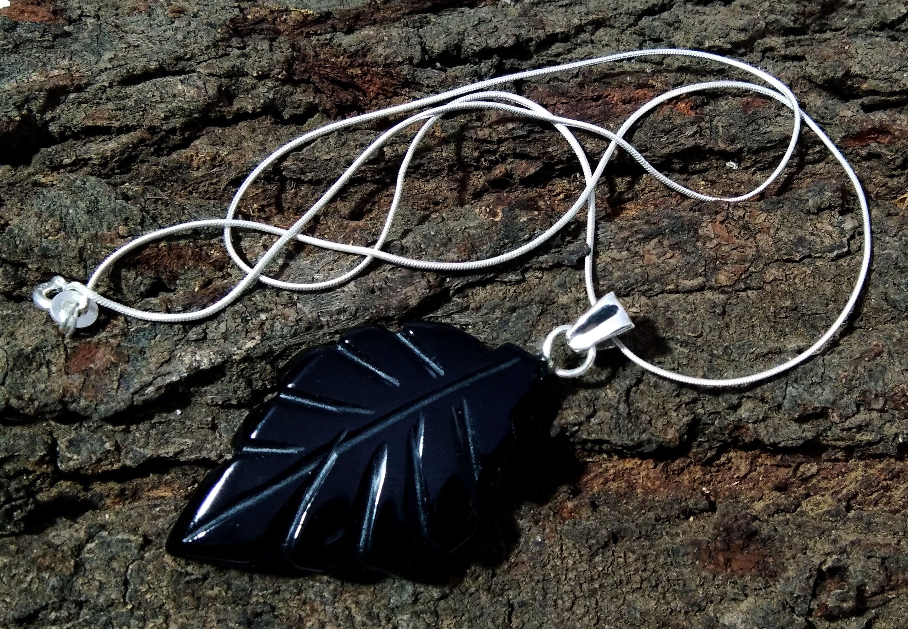 Natural Black Onyx Leaf Carving Pendant, 925 Starling Silver Chain Necklace Pendant, Amazing Genuine Necklace Jewelry For Girls & Women Gift