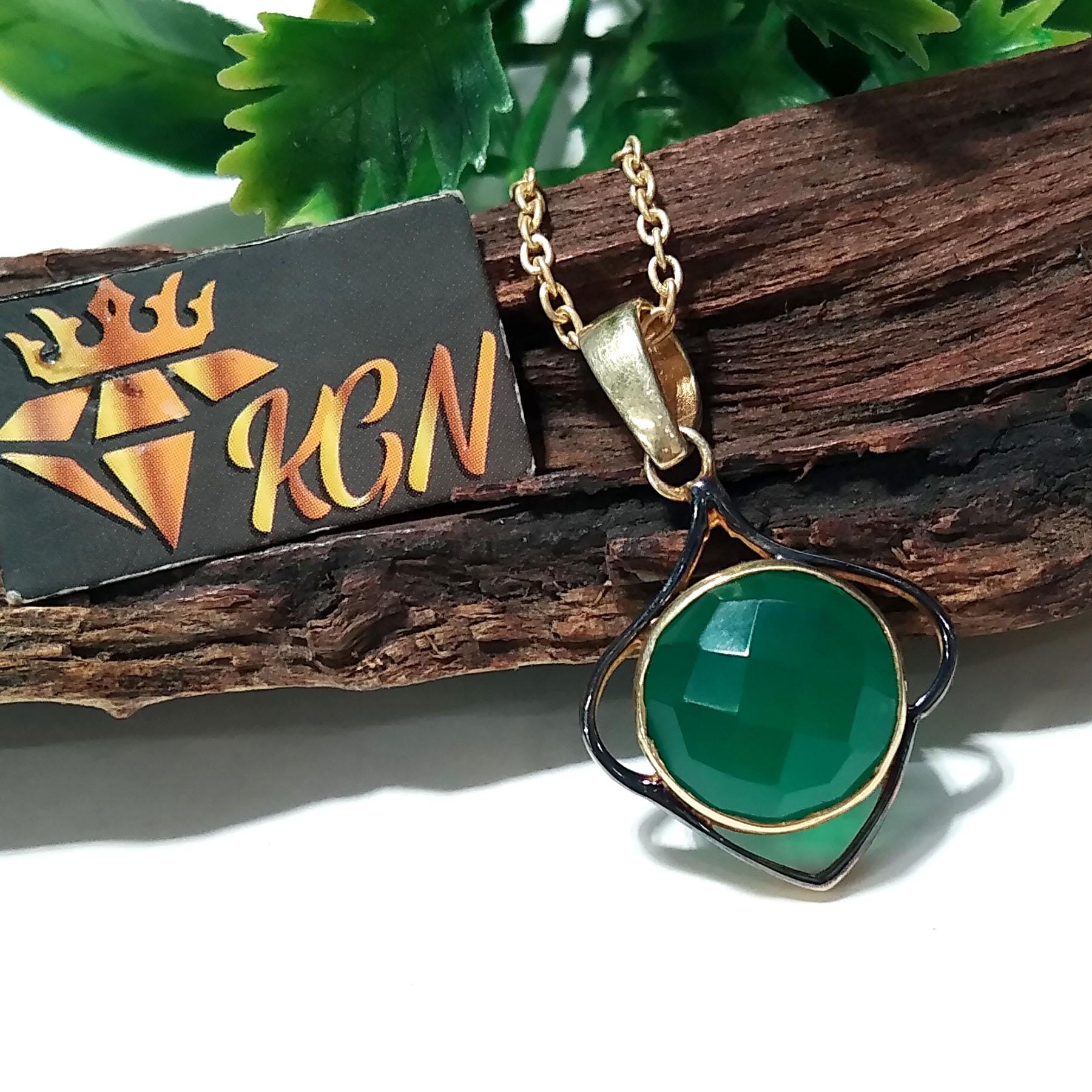 Natural Green Onyx Checker Cut Stone Chain Pendant, 925 Starling Silver Gold/Black Plated Pendant Jewelry Round Shape Gift Easter Pendant