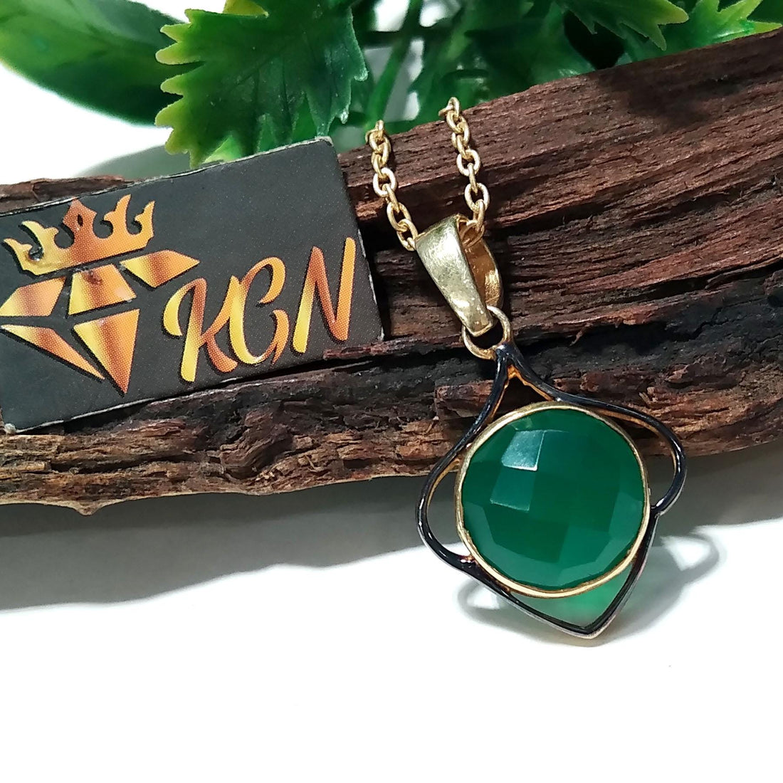 Natural Green Onyx Checker Cut Stone Chain Pendant, 925 Starling Silver Gold/Black Plated Pendant Jewelry Round Shape Gift Easter Pendant