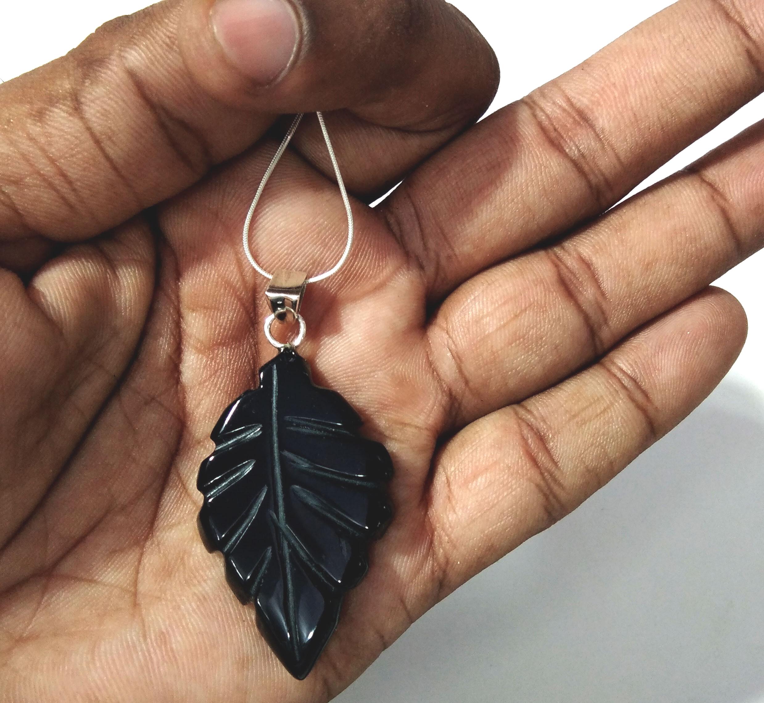 Natural Black Onyx Leaf Carving Pendant, 925 Starling Silver Chain Necklace Pendant, Amazing Genuine Necklace Jewelry For Girls & Women Gift