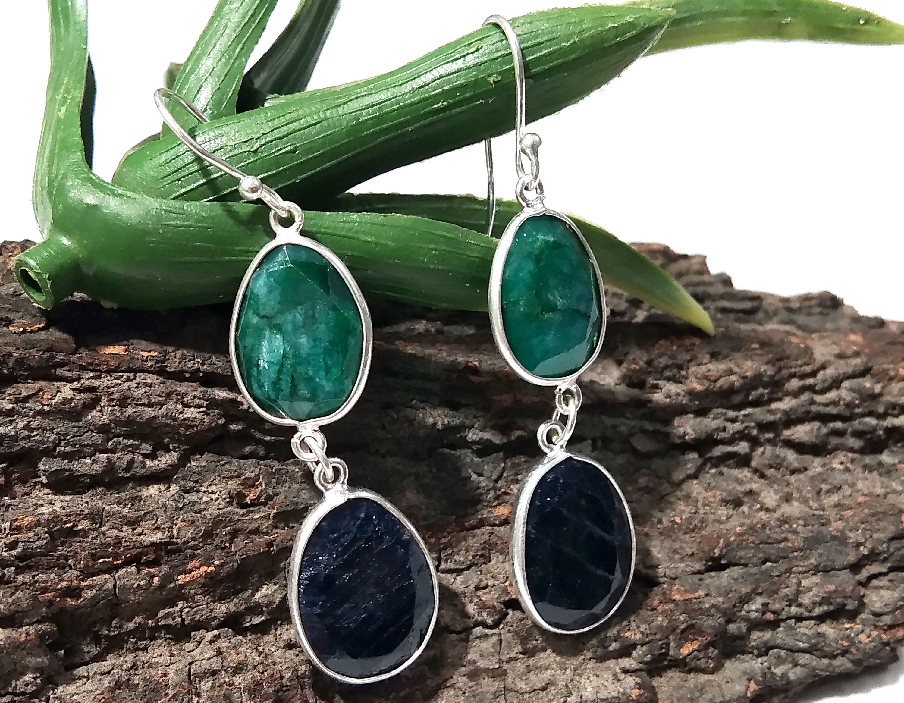 Natural Emerald, Blue Sapphire Stone Earring, 925 Solid Starling Silver Earring Gemstone, Gift Wedding Earring, Jewelry Birthstone Earring
