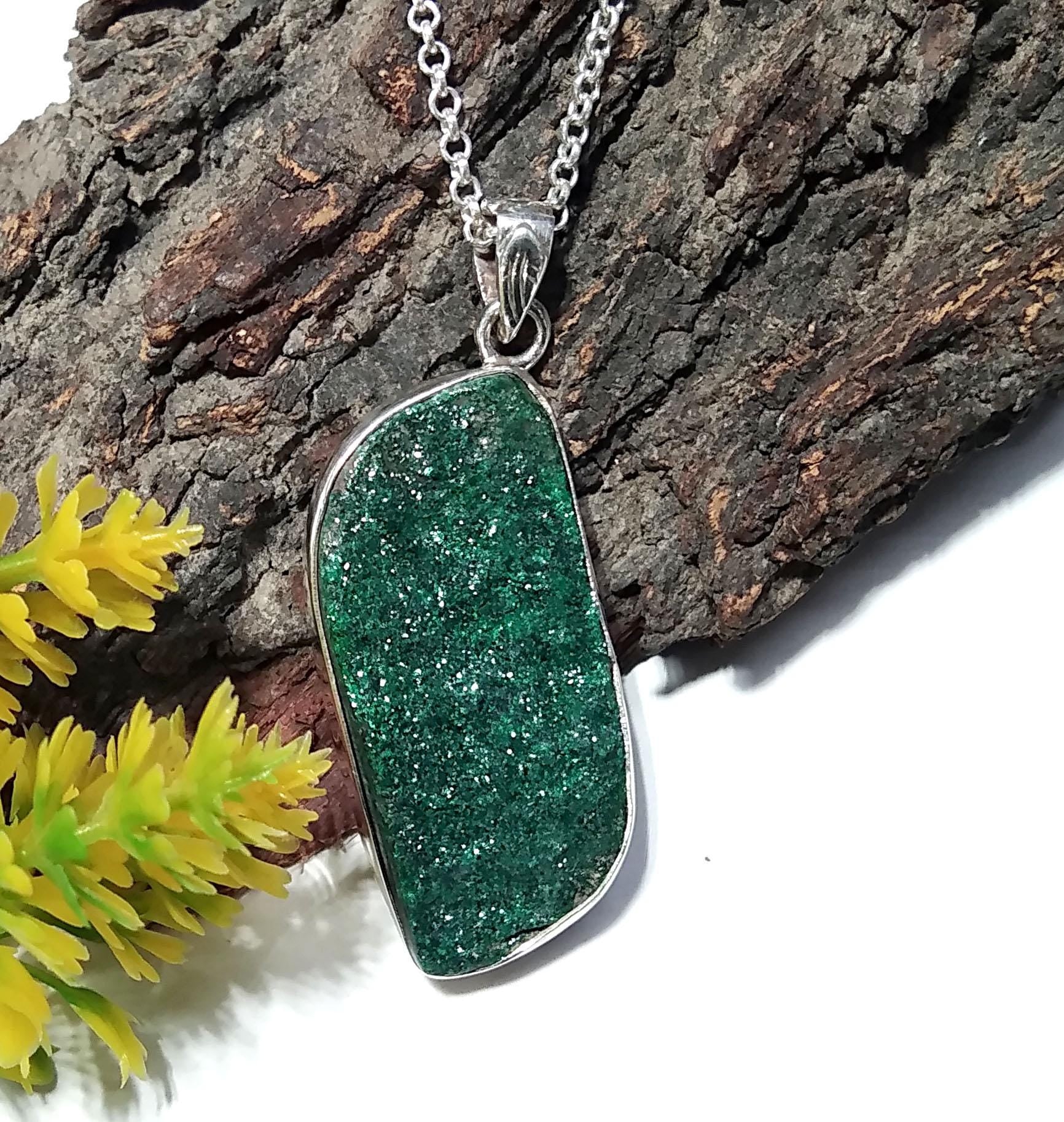 Natural Malachite Druzy Gemstone Pendant, 925 Starling Silver Jewelry Pendant, Amazing Malachite Druzy Pendant, Handamde Chain Necklace