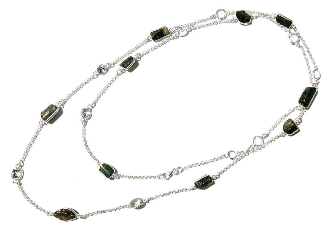 Beautiful Nice Log Necklace ! ALL Natural Gemstone Tourmaline Rough & White Topaz Log Bezel Necklace With 925 Starling Silver Length 36 inch