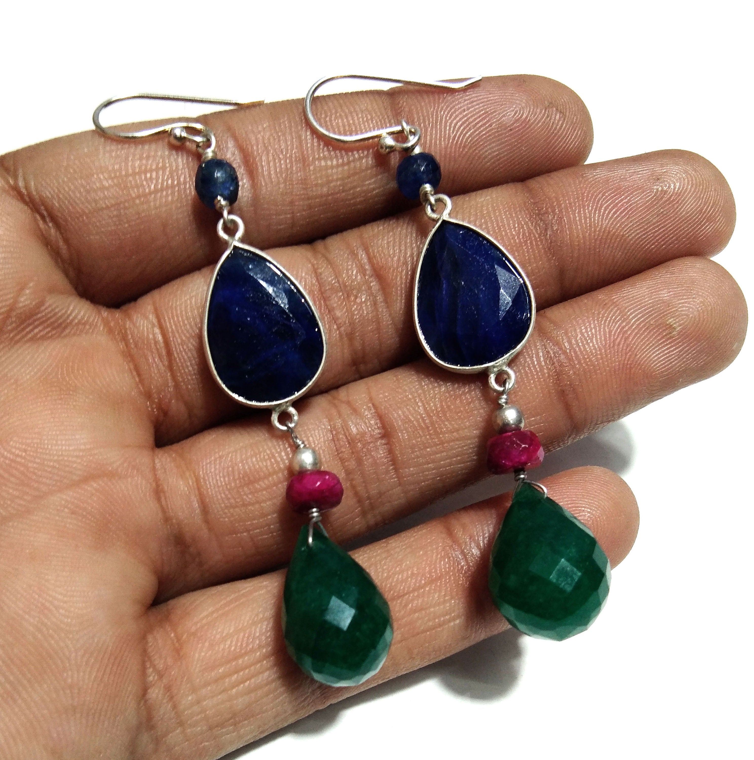 Natural Blue Sapphire, Green Jade Earring, 925 Solid Starling Silver Earring, Blue Sapphire Stone Handmade Gift Women Christmas Earring