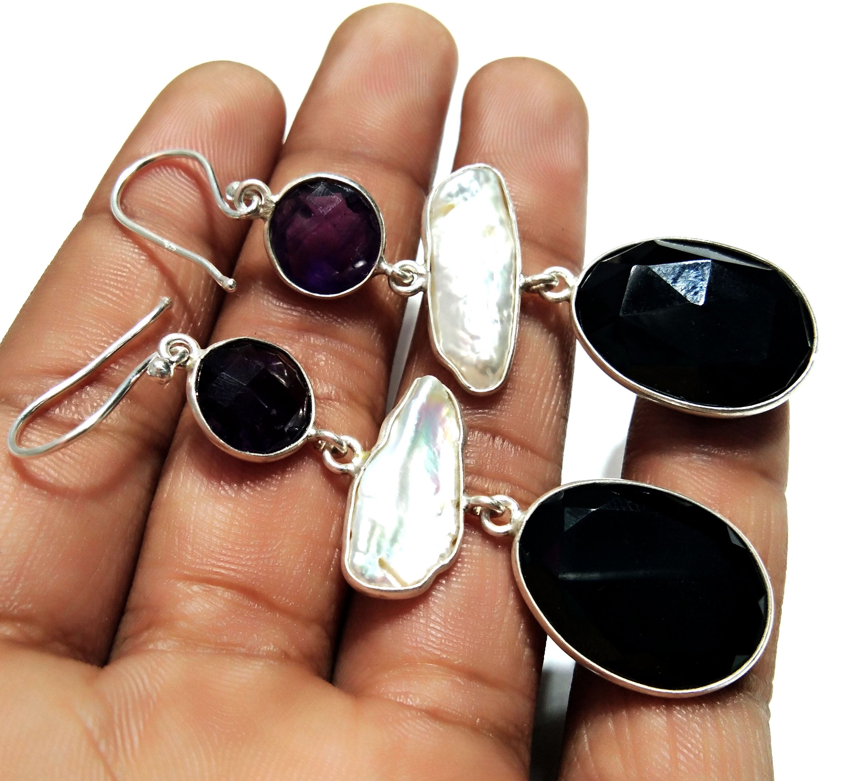 Natural Fresh Water Baroque Pearl/Black Onyx/Amethyst Drop Earring, 925 Solid Starling Silver Earring, White Pearl Gemstone Gift Earring