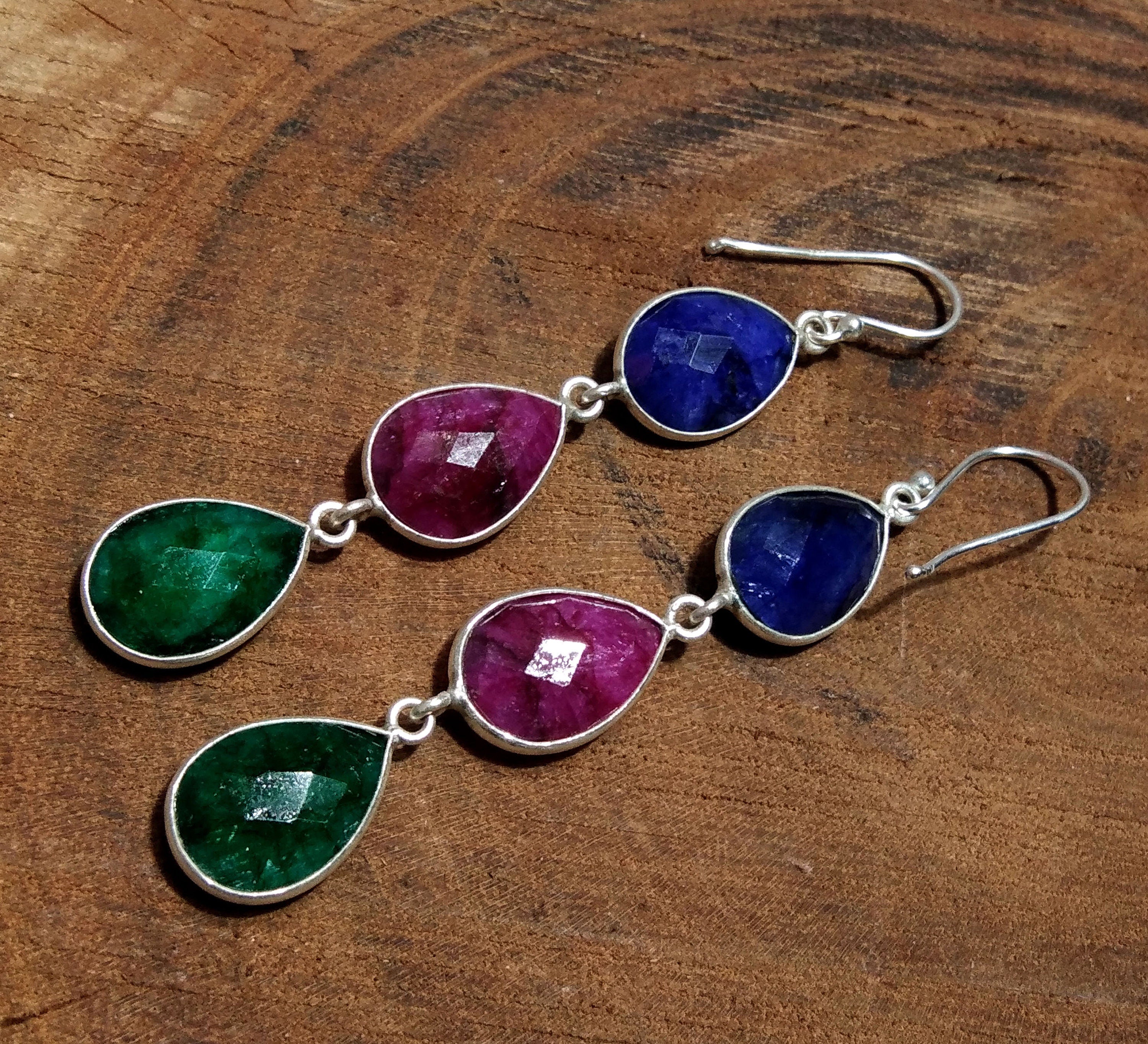 Natural Emerald, Red Ruby, Blue Sapphire Stone Drop Earring, 925 Solid Starling Silver Earring Gemstone, Gift Wedding Earring Jewelry