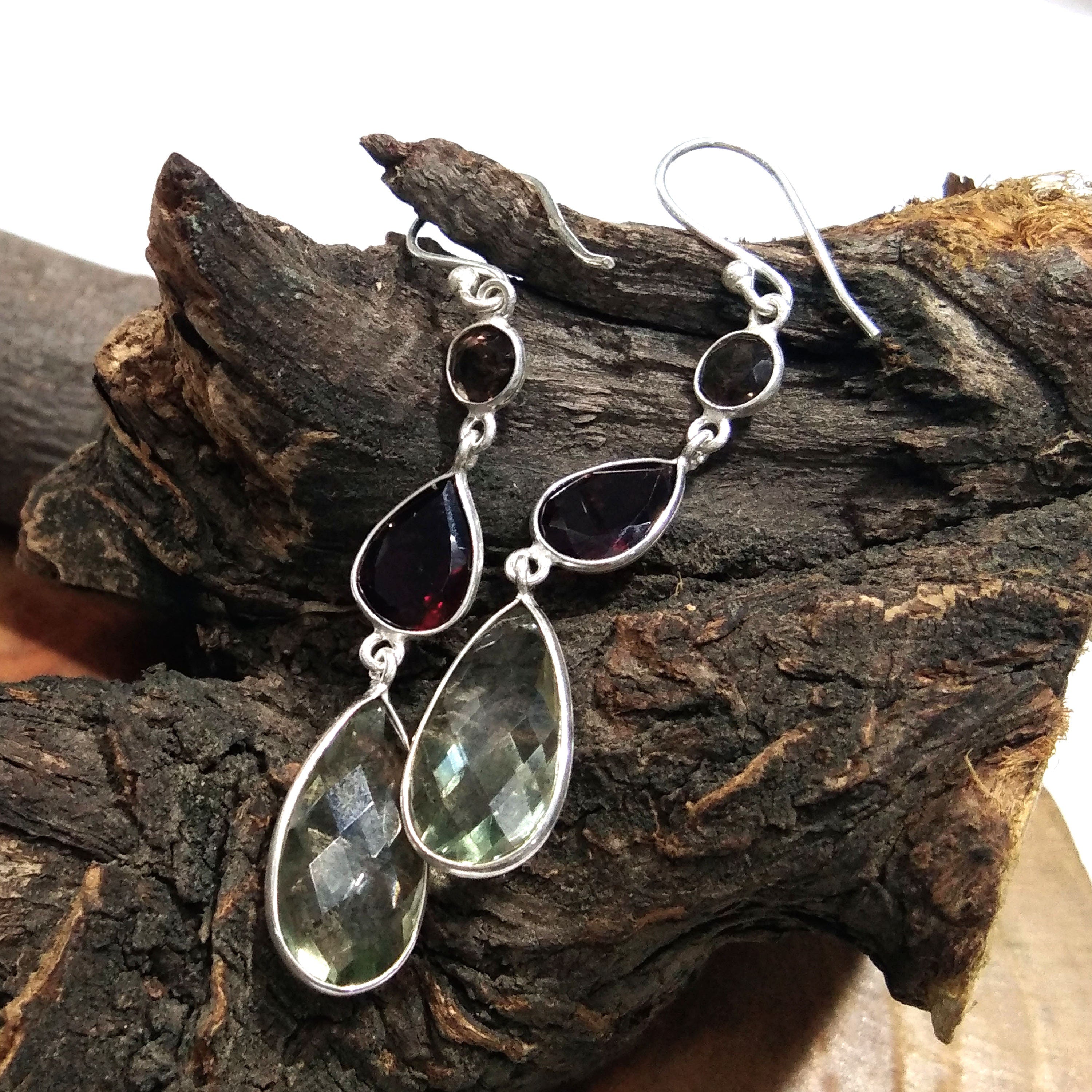 Natural Red Garnet / Green Amethyst Gemstone Earring, 925 Solid Starling Silver Earring, Stone Size 17x9mm to 9x6mm Gift Bridesmaid Earring