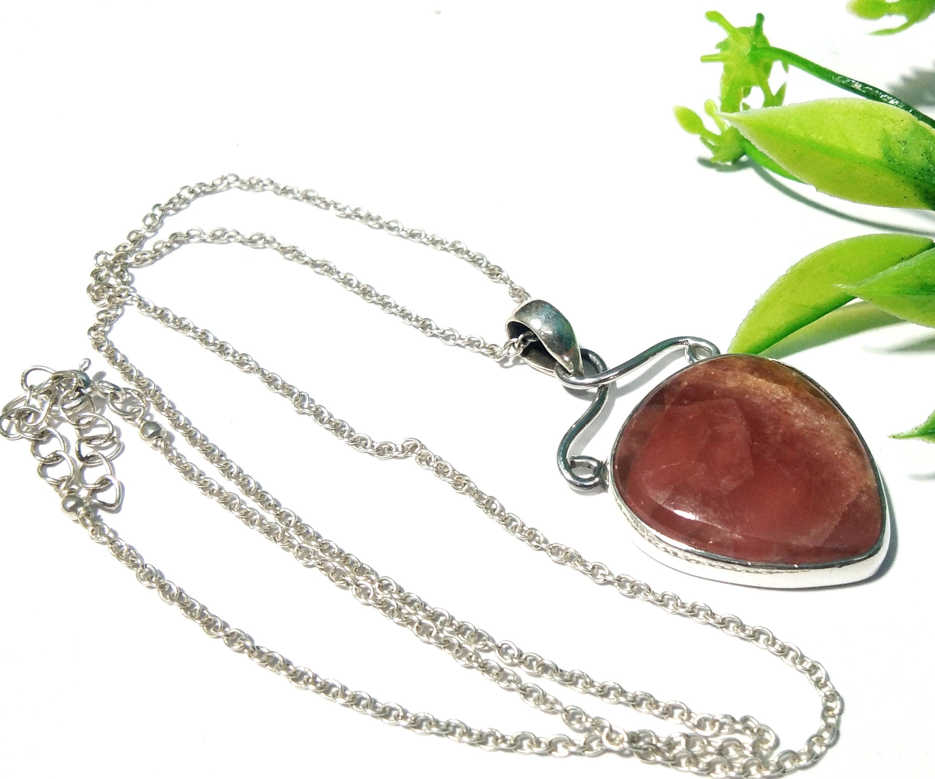 Natural Rhodochrosite Gemstone Pendant Chain Necklace, 925 Starling Silver Pendant Jewelry Heart Shape For Gift Easter Chain Pendant