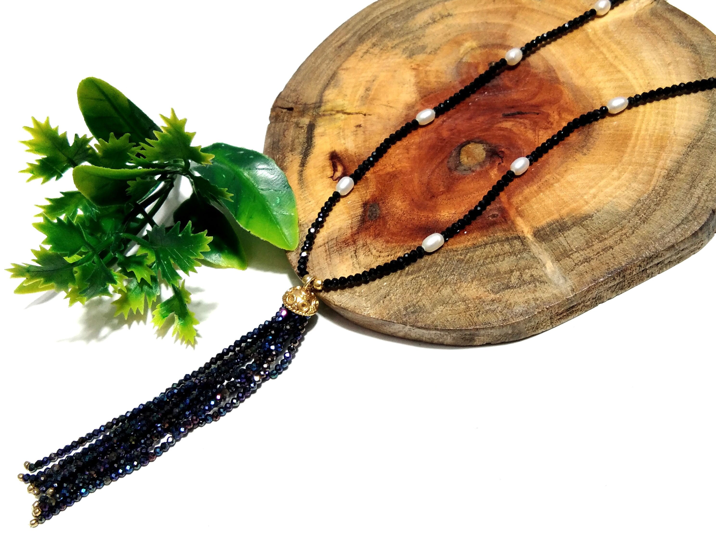 Natural Black Spinel And White Baroque Pearl Chain Necklace, 925 Starling Silver Gold Plated Chain Necklace 40''Inch Adjuster Chain Necklace