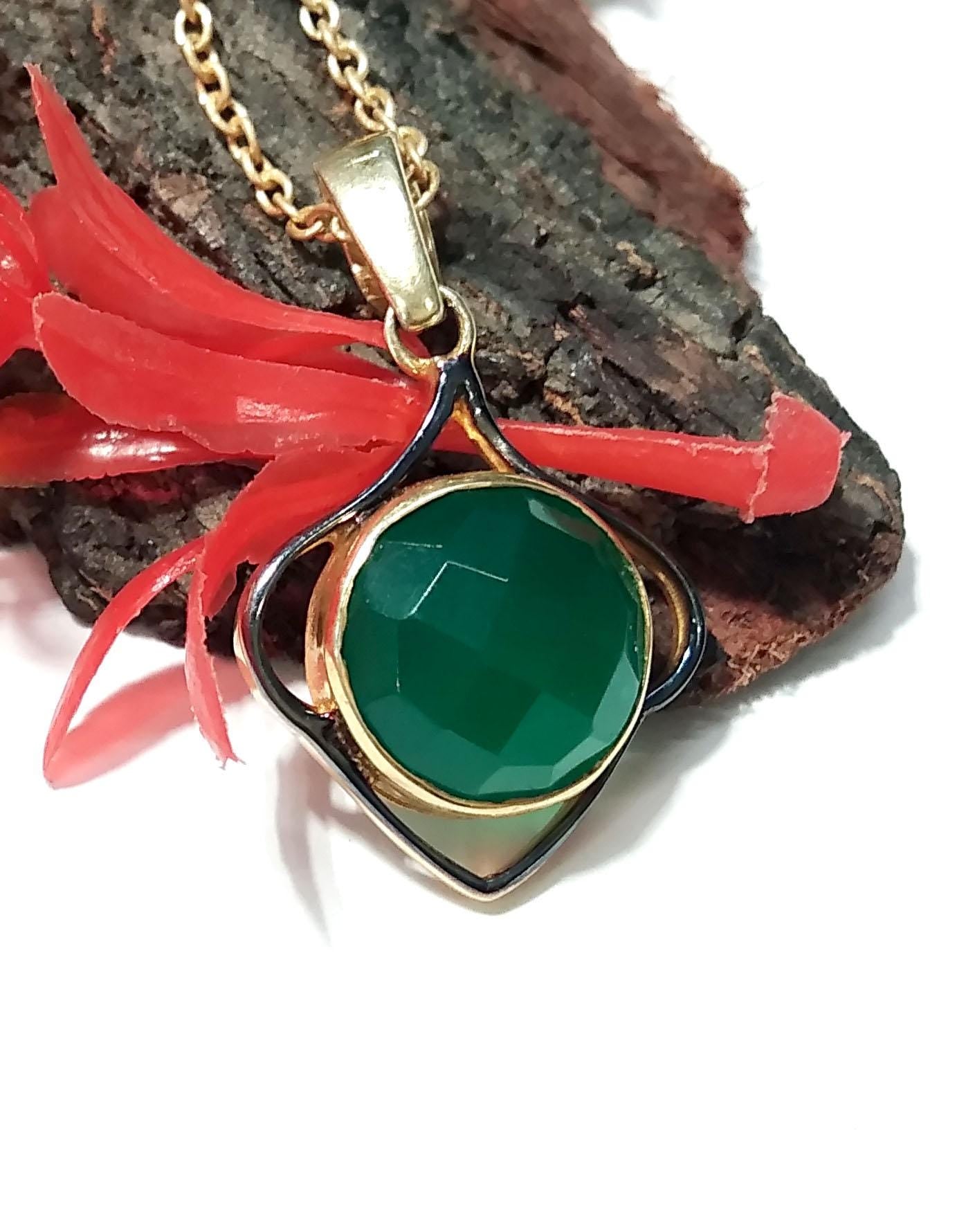 Natural Green Onyx Checker Cut Stone Chain Pendant, 925 Starling Silver Gold/Black Plated Pendant Jewelry Round Shape Gift Easter Pendant